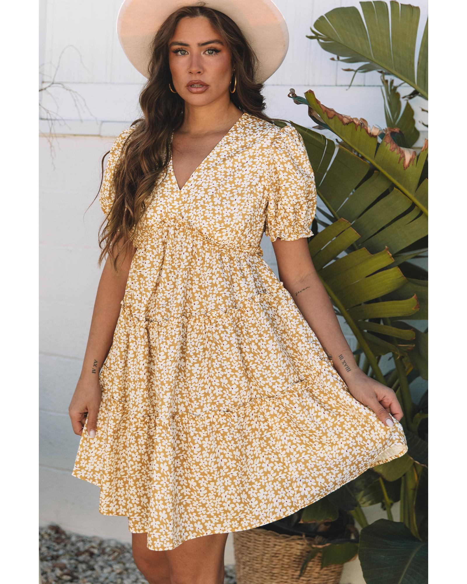 Yellow Floral Short Sleeve V Neck Frilly Tiered Mini Dress - XL