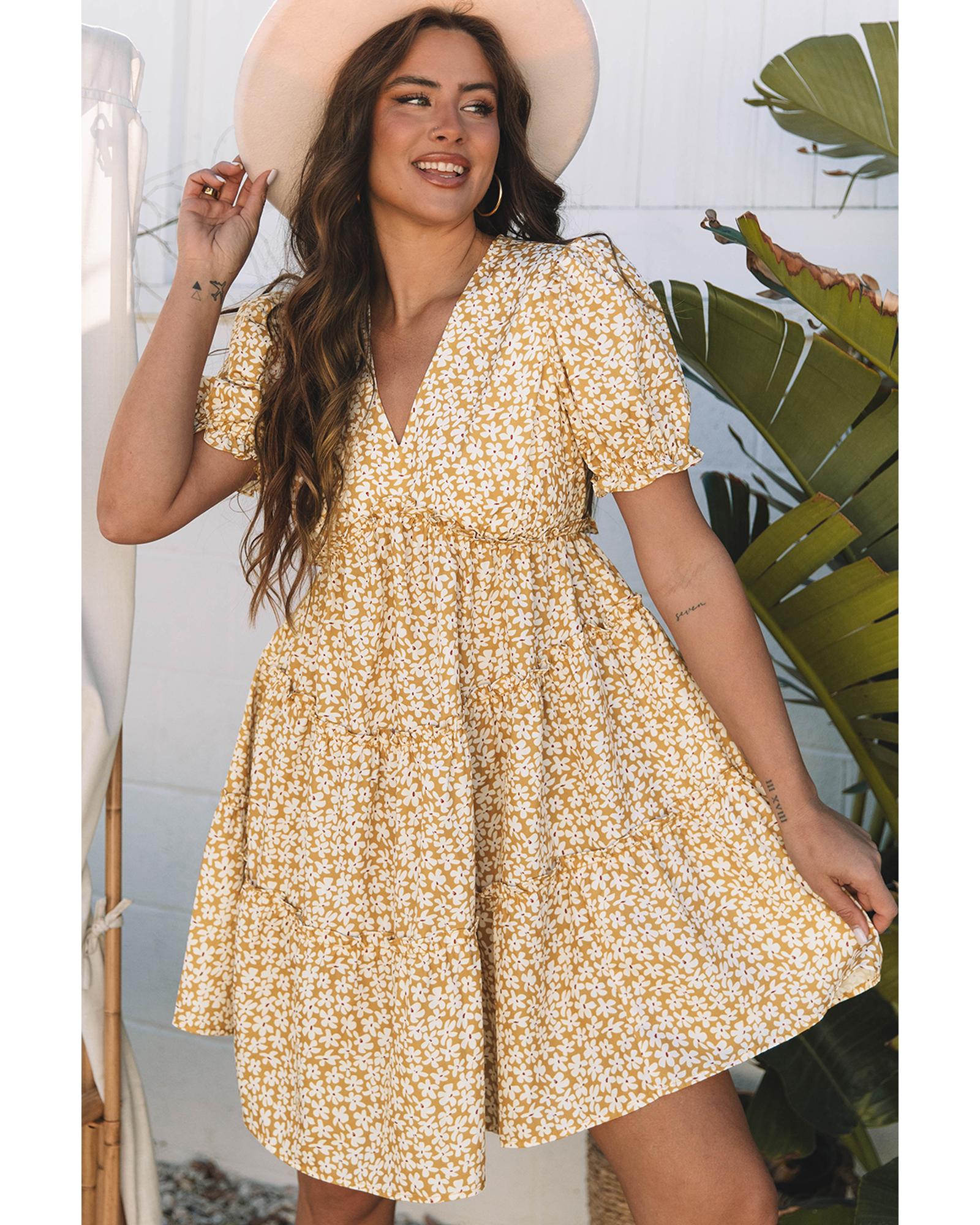 Yellow Floral Short Sleeve V Neck Frilly Tiered Mini Dress - XL