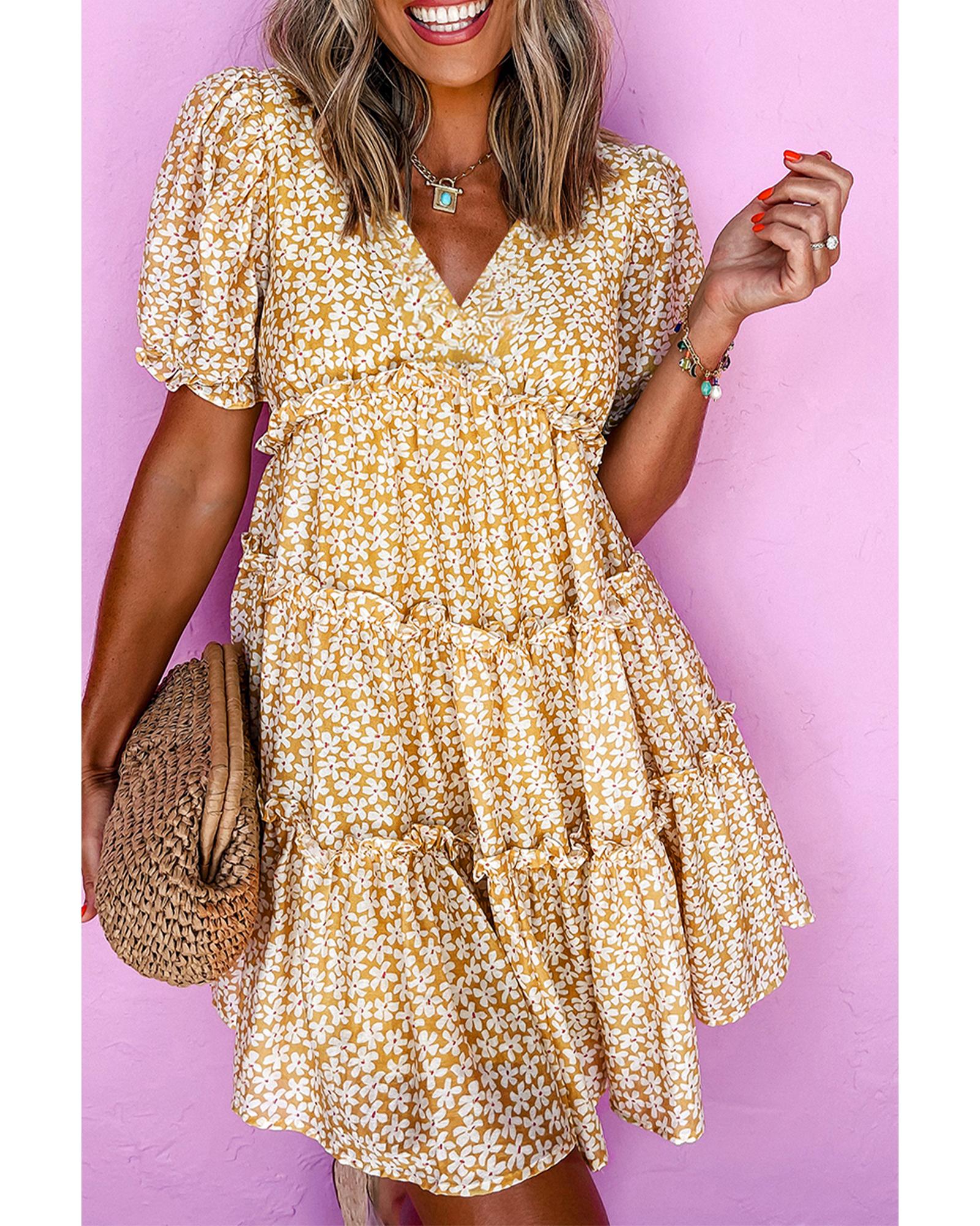 Yellow Floral Short Sleeve V Neck Frilly Tiered Mini Dress - XL