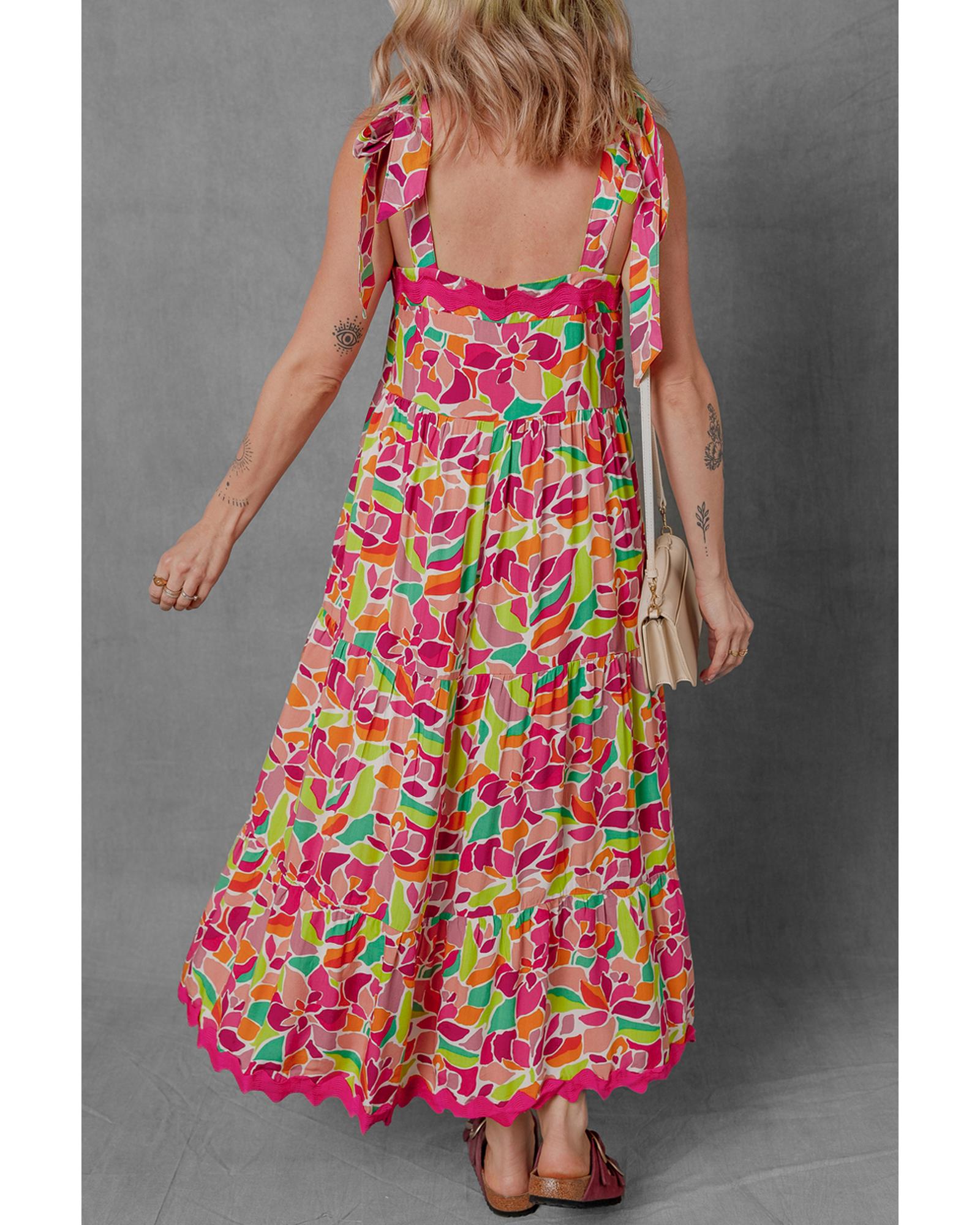 Multicolour Floral Tied Straps Ricrac Trim Maxi Dress - L