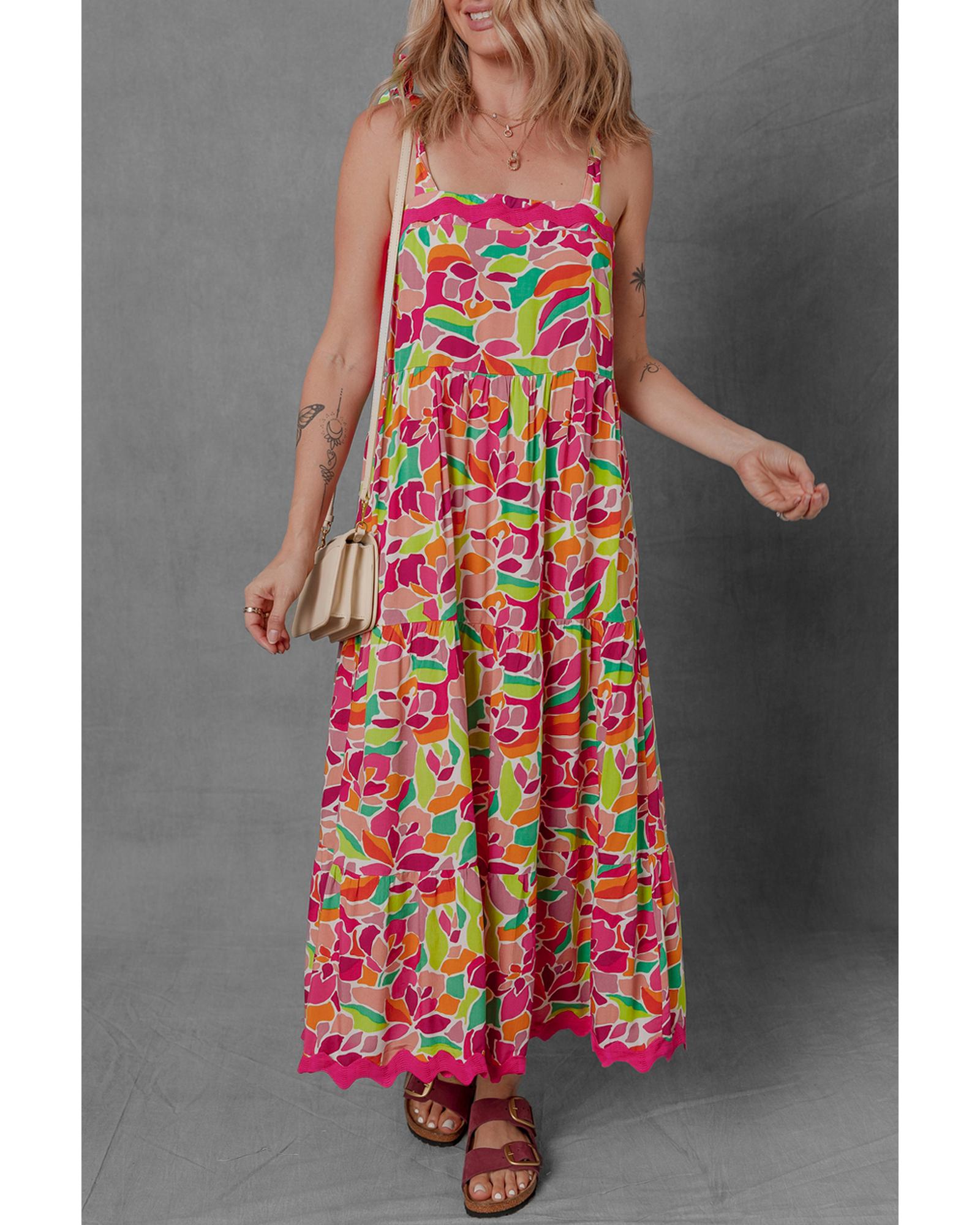 Multicolour Floral Tied Straps Ricrac Trim Maxi Dress - L