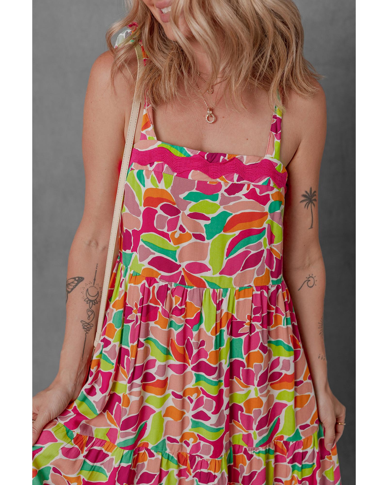 Multicolour Floral Tied Straps Ricrac Trim Maxi Dress - L