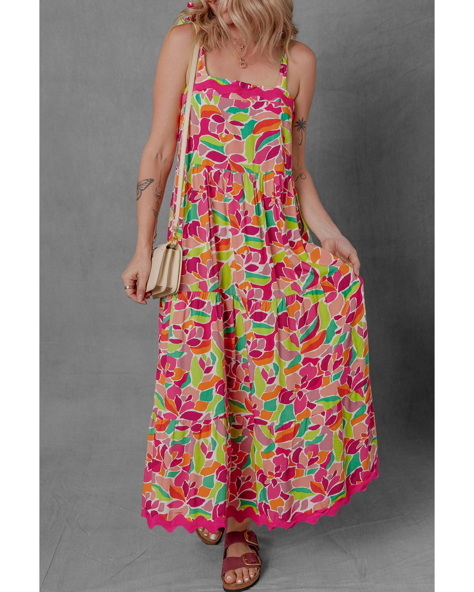 Multicolour Floral Tied Straps Ricrac Trim Maxi Dress - M