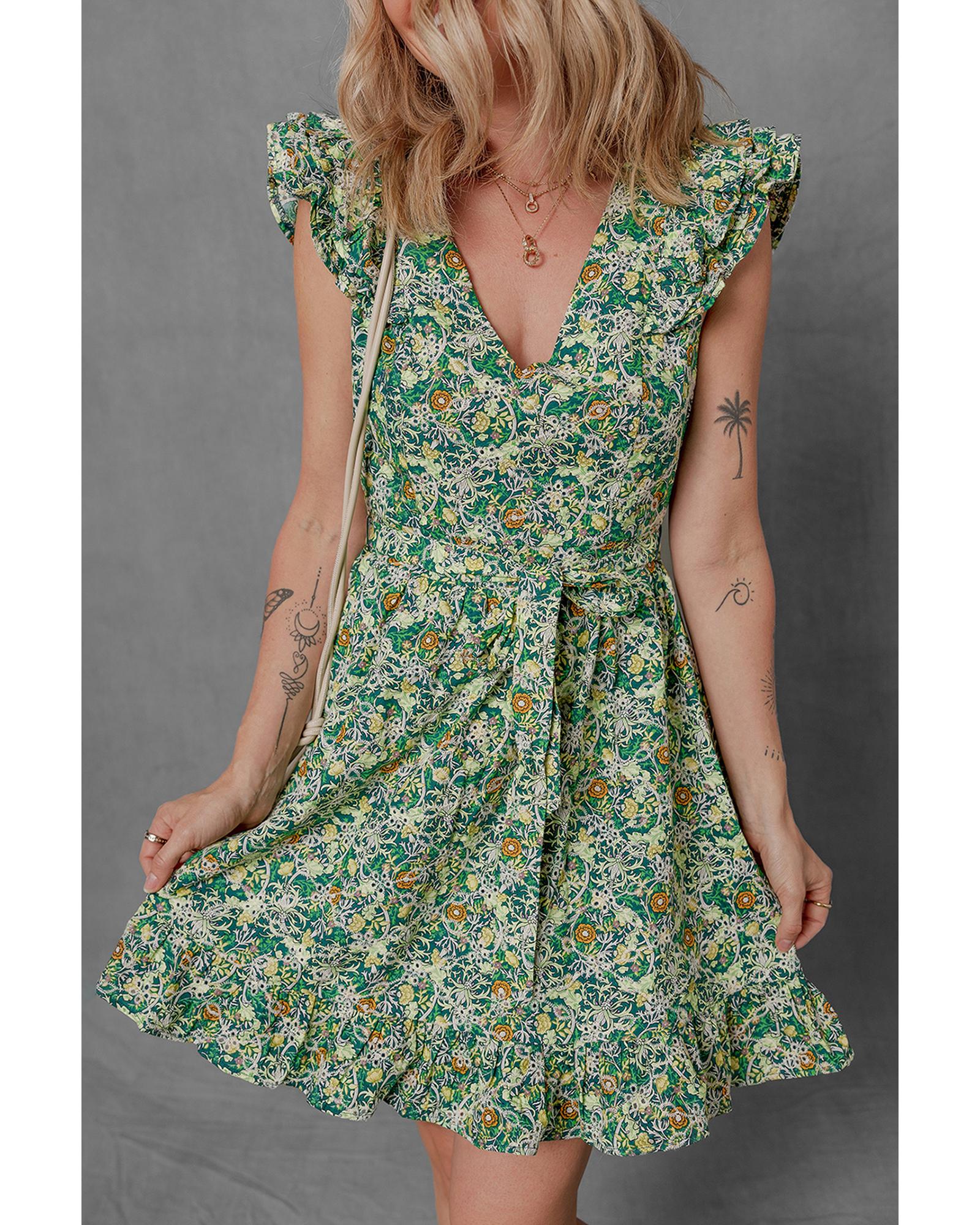 Green Flower Print Flutter Sleeve V Neck Sashed Ruffled Mini Dress - L