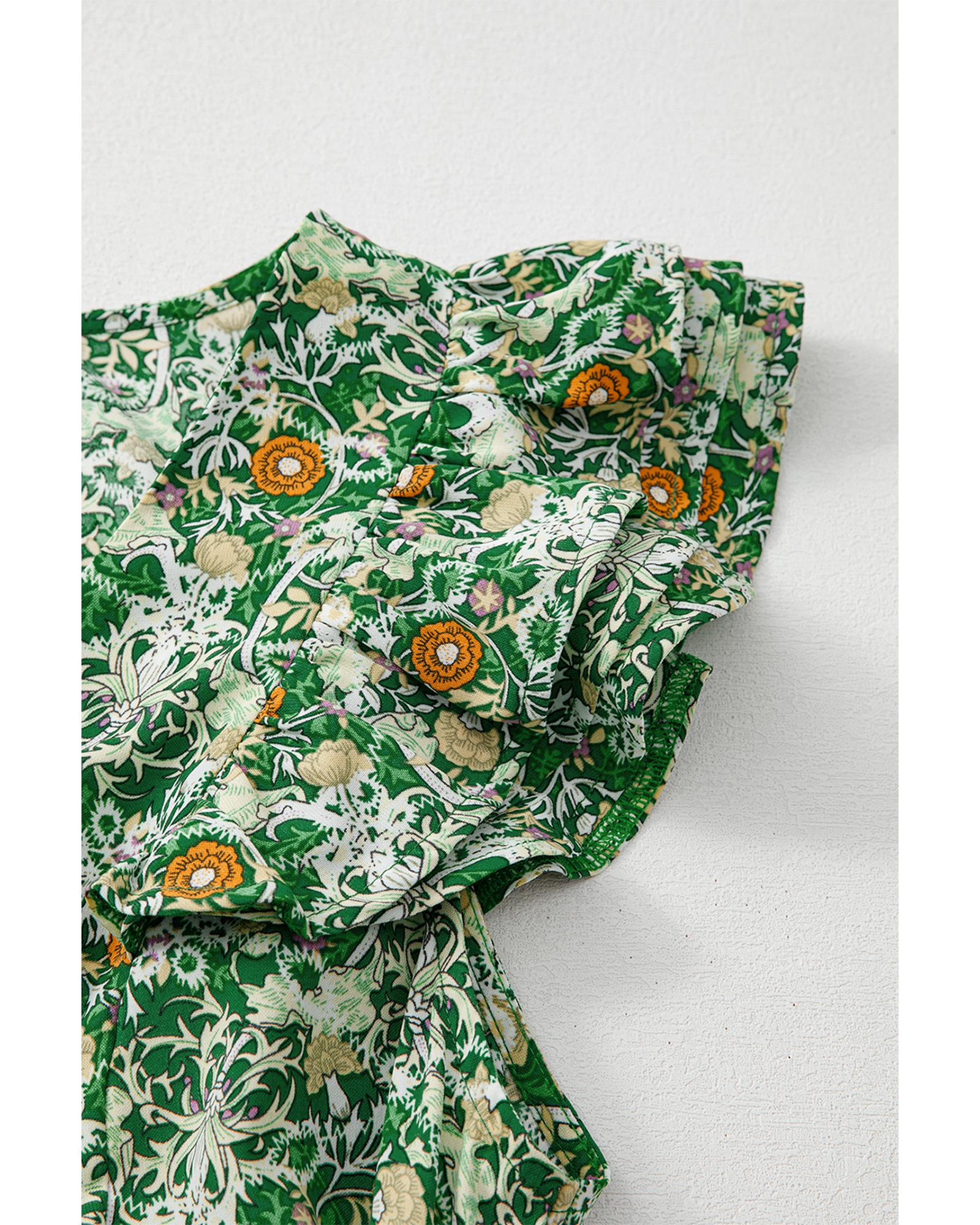 Green Flower Print Flutter Sleeve V Neck Sashed Ruffled Mini Dress - L