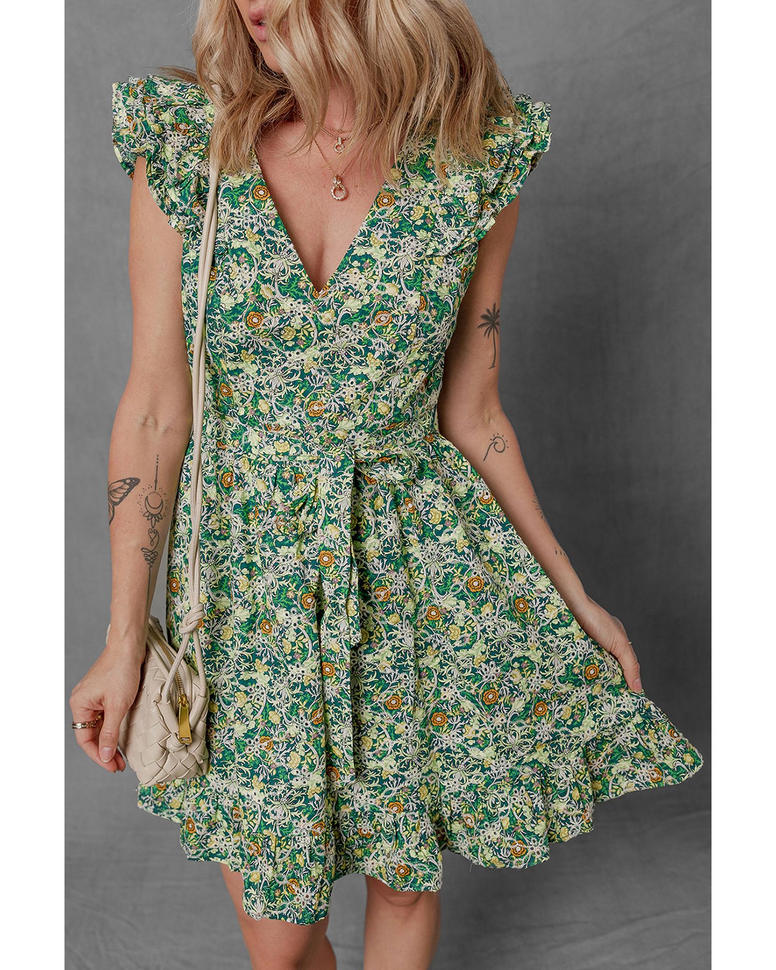 Green Flower Print Flutter Sleeve V Neck Sashed Ruffled Mini Dress - M