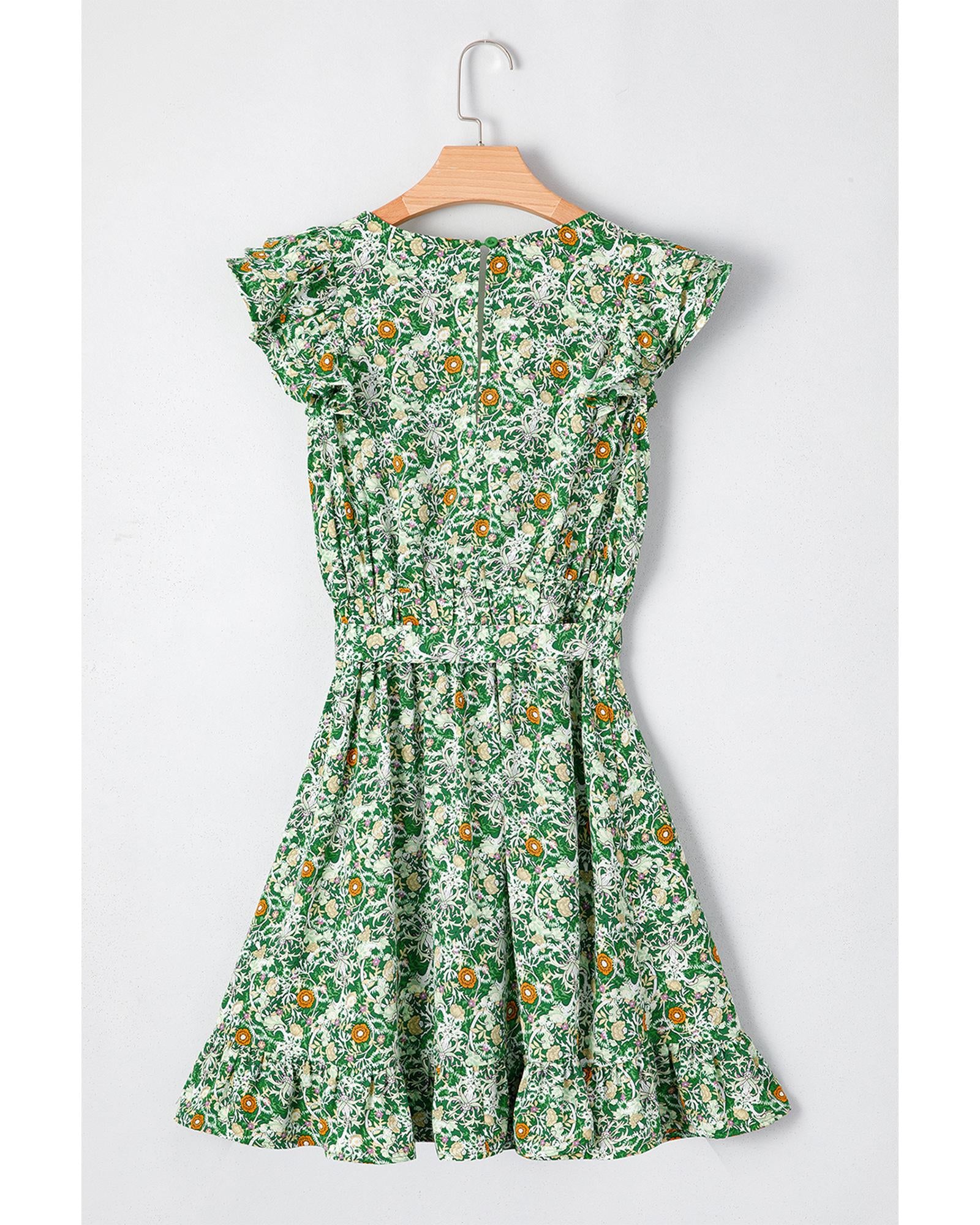 Green Flower Print Flutter Sleeve V Neck Sashed Ruffled Mini Dress - M