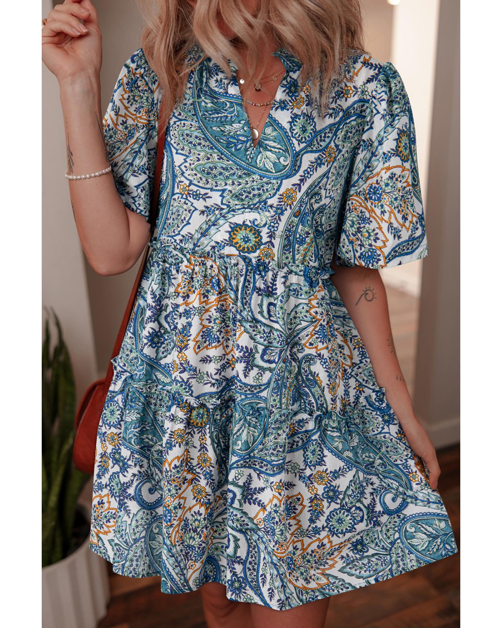 Blue Bohemian Paisley Floral V Neck Short Sleeve Mini Dress - M