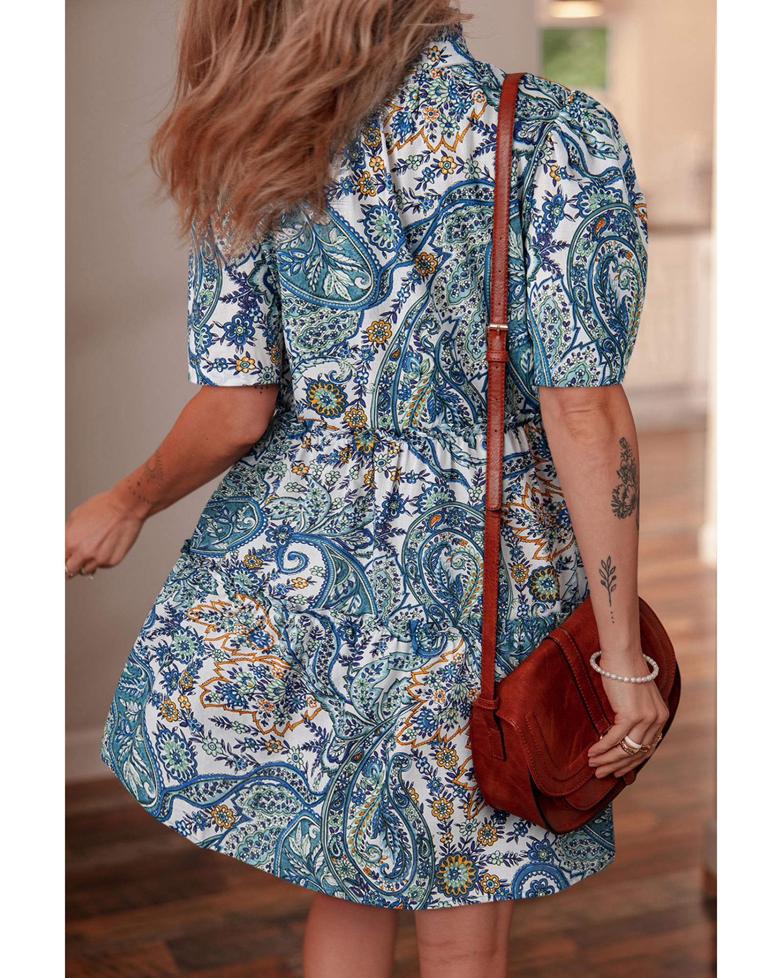 Blue Bohemian Paisley Floral V Neck Short Sleeve Mini Dress - M