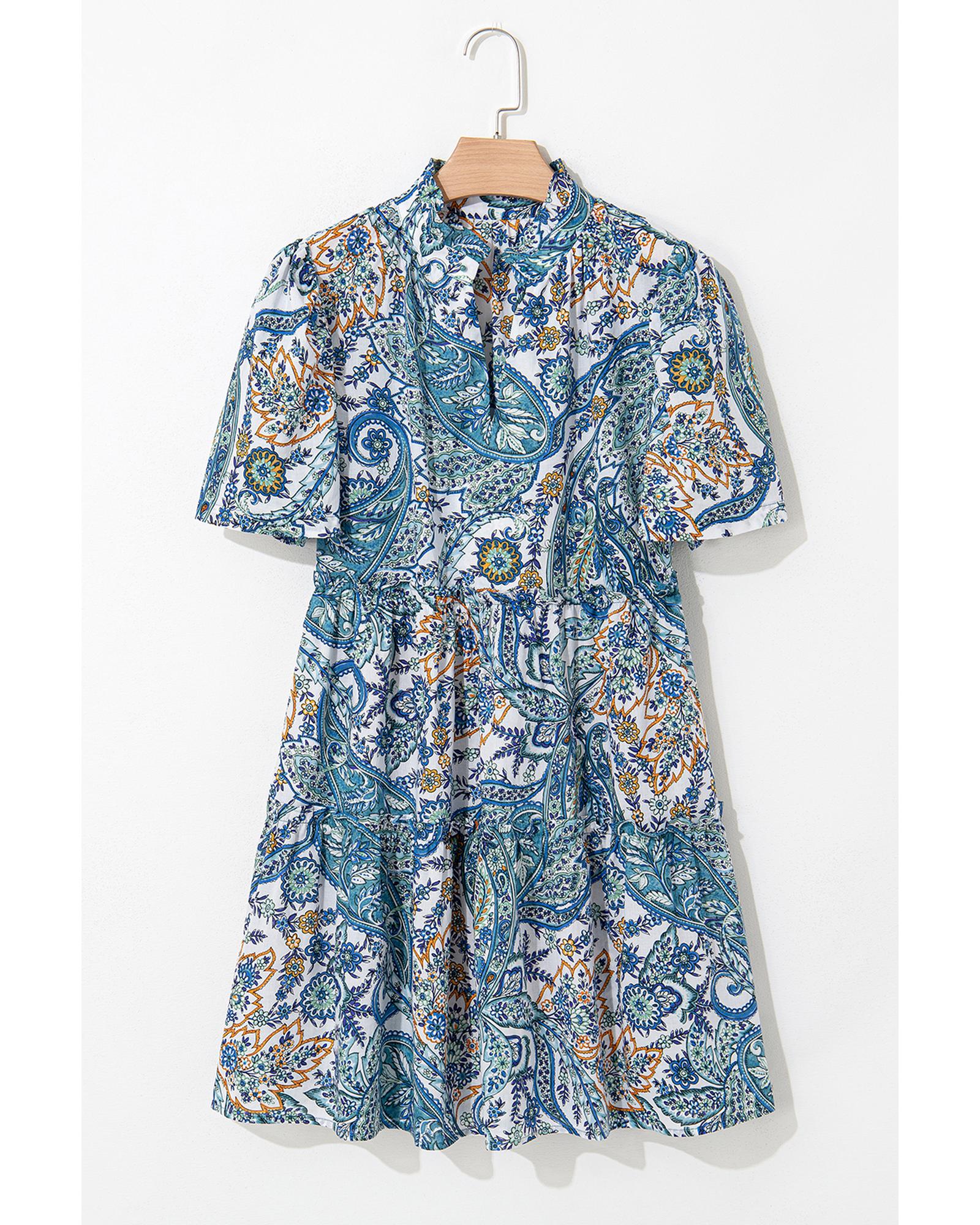 Blue Bohemian Paisley Floral V Neck Short Sleeve Mini Dress - M