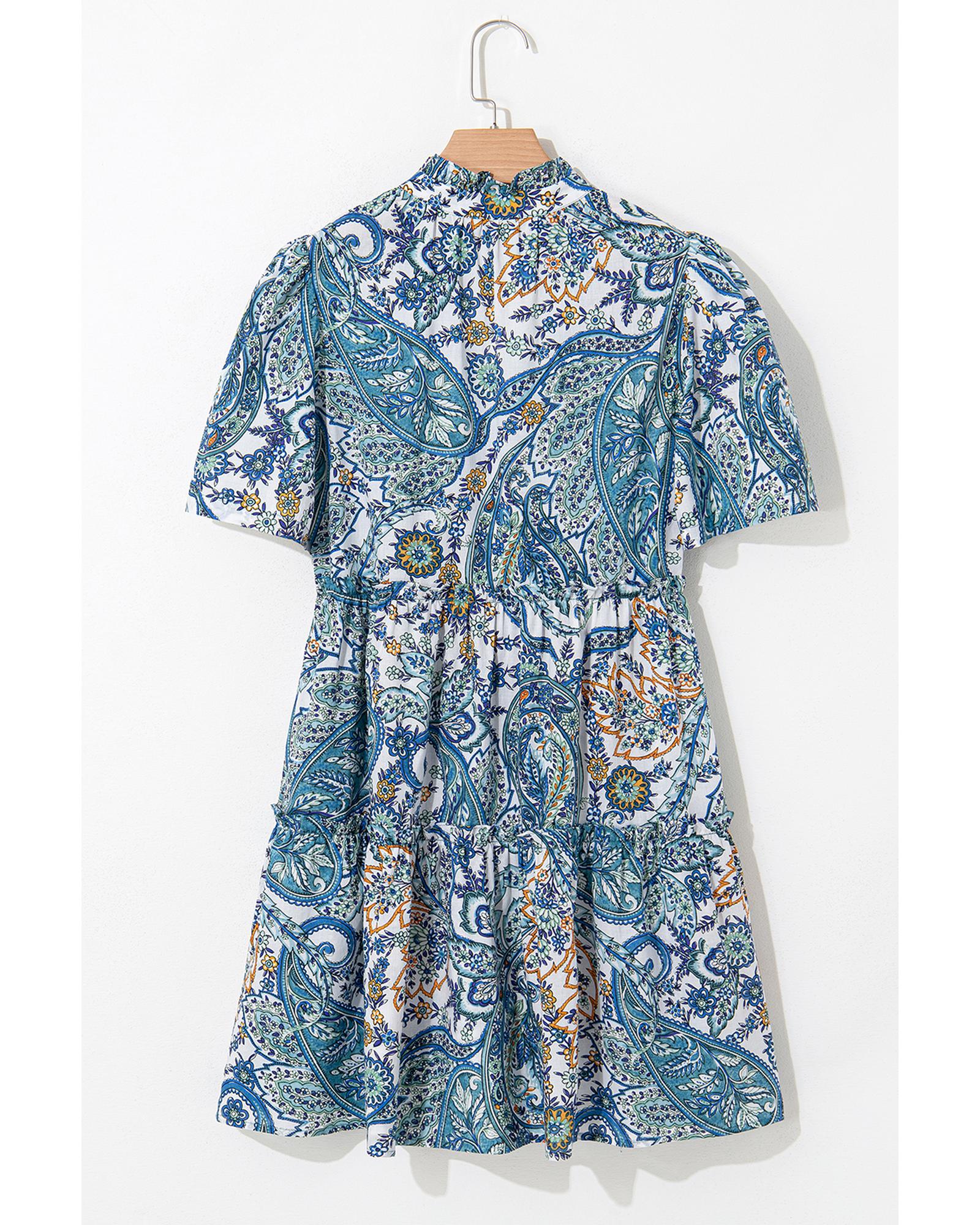 Blue Bohemian Paisley Floral V Neck Short Sleeve Mini Dress - M