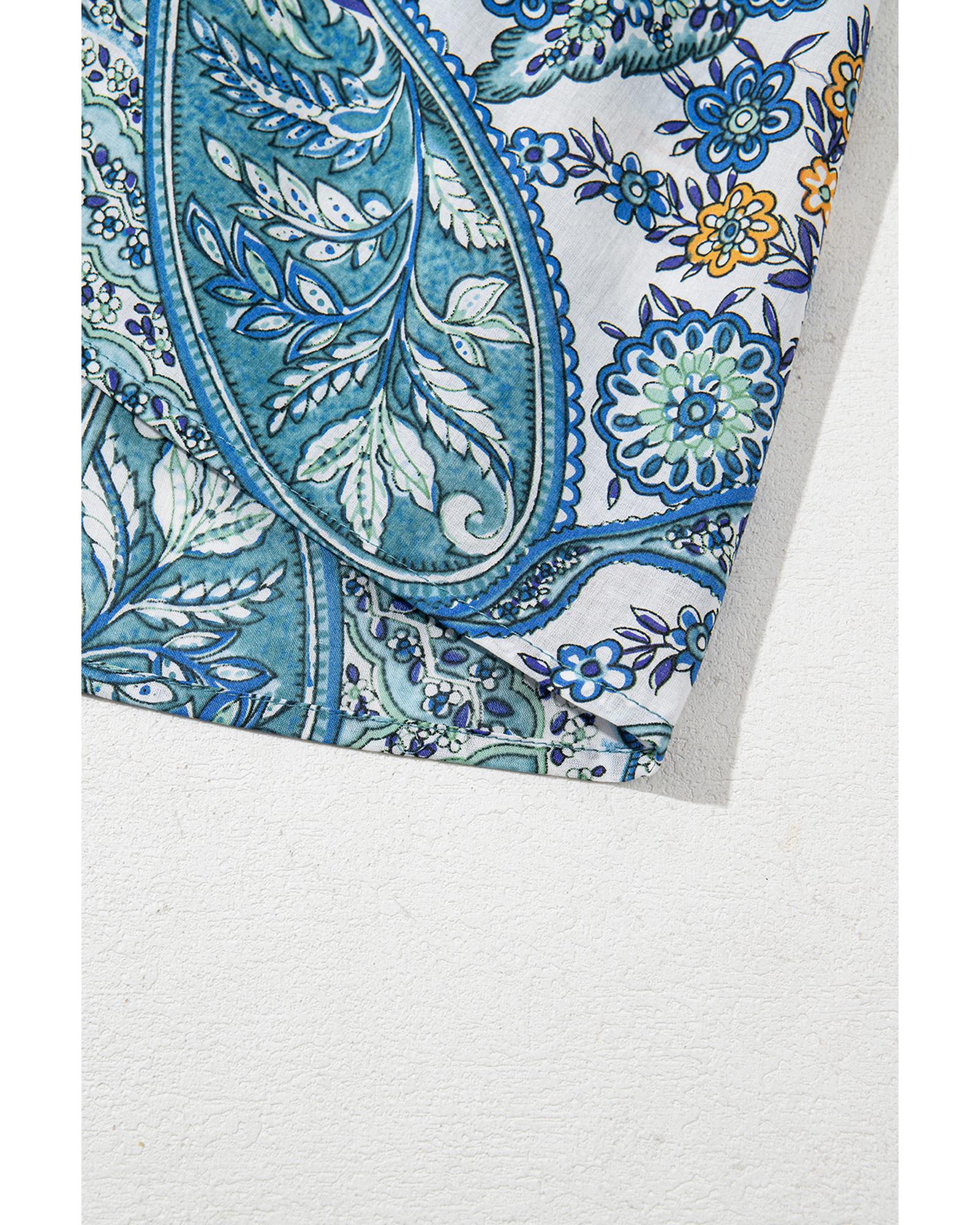 Blue Bohemian Paisley Floral V Neck Short Sleeve Mini Dress - M