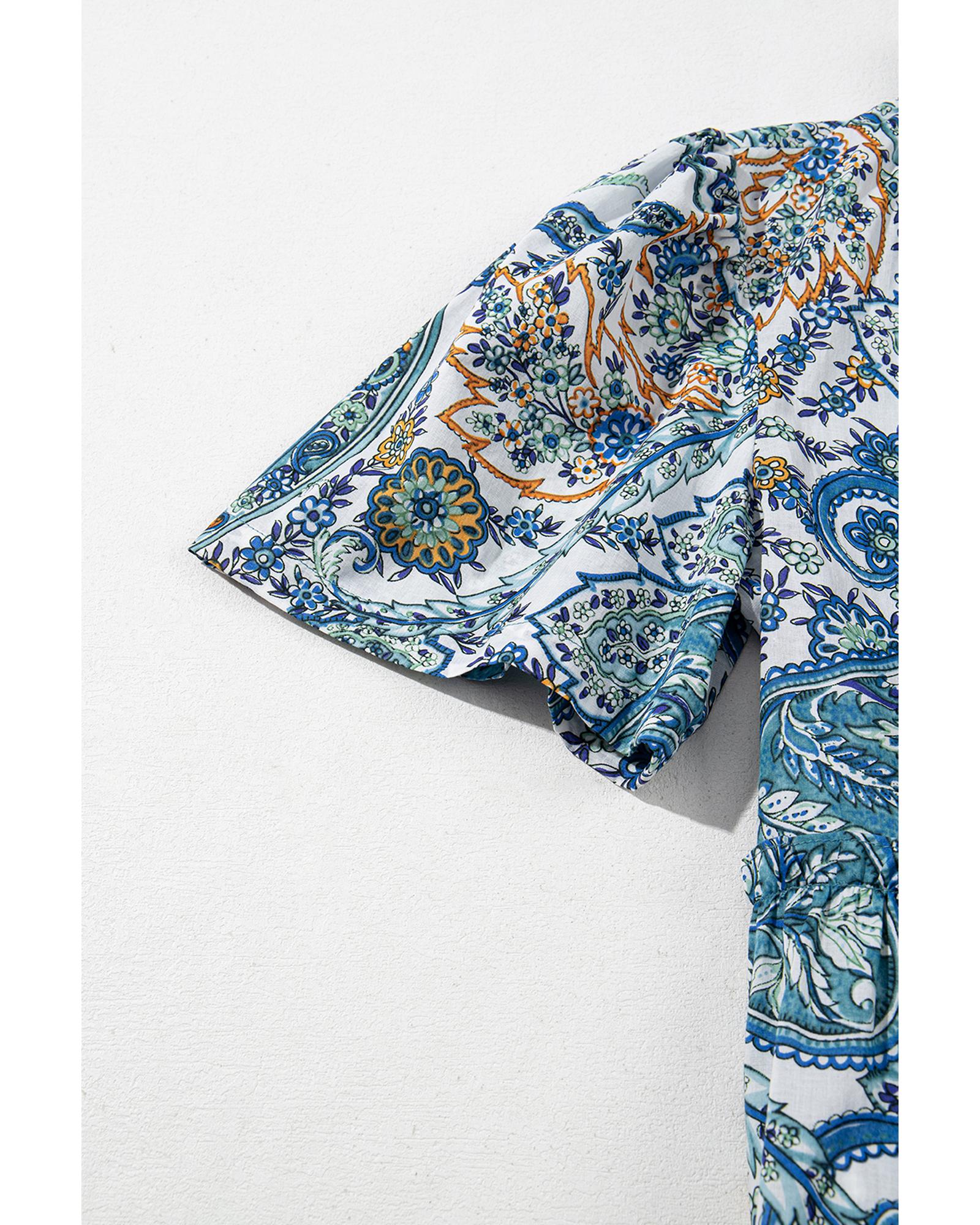 Blue Bohemian Paisley Floral V Neck Short Sleeve Mini Dress - M
