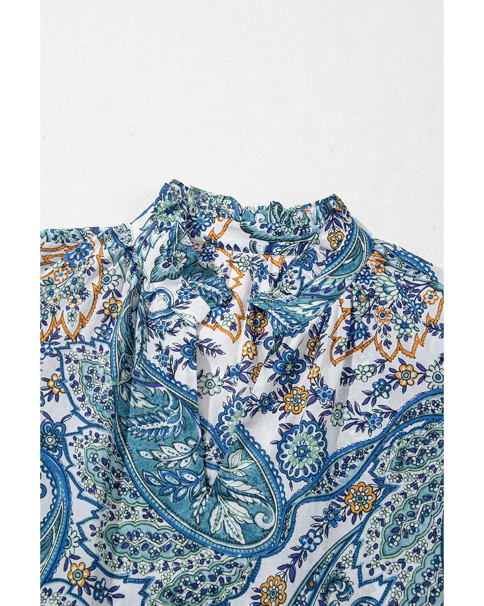 Blue Bohemian Paisley Floral V Neck Short Sleeve Mini Dress - M