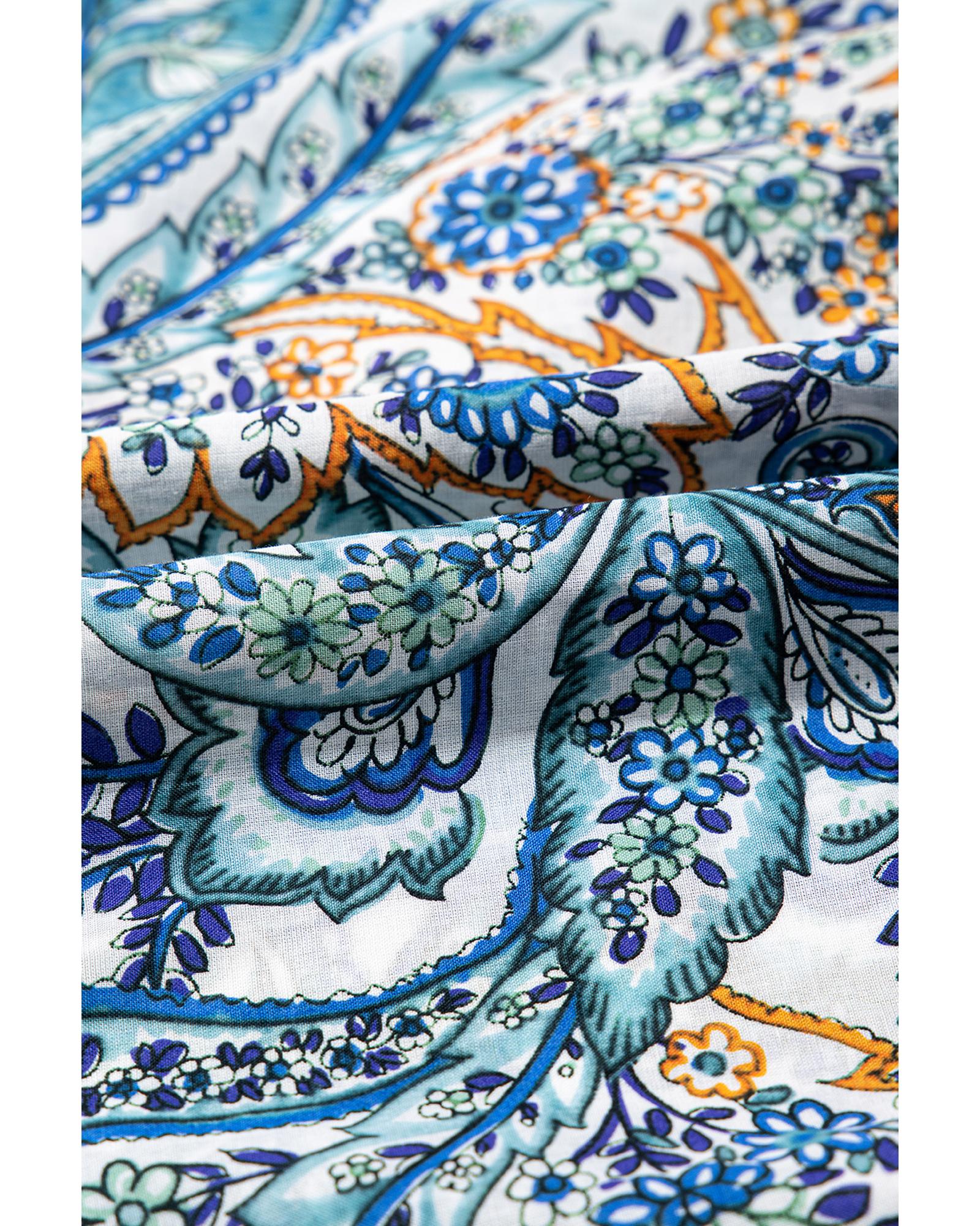 Blue Bohemian Paisley Floral V Neck Short Sleeve Mini Dress - M
