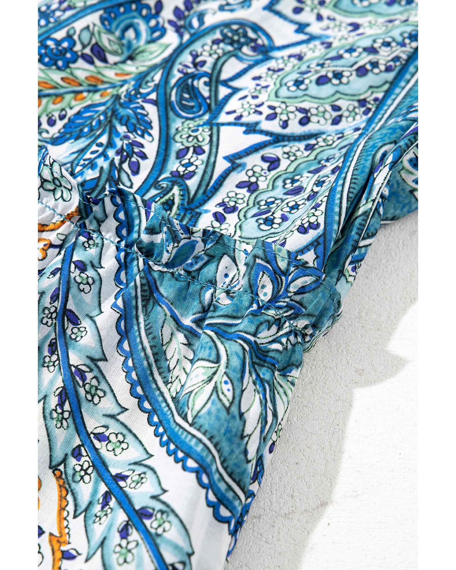 Blue Bohemian Paisley Floral V Neck Short Sleeve Mini Dress - S