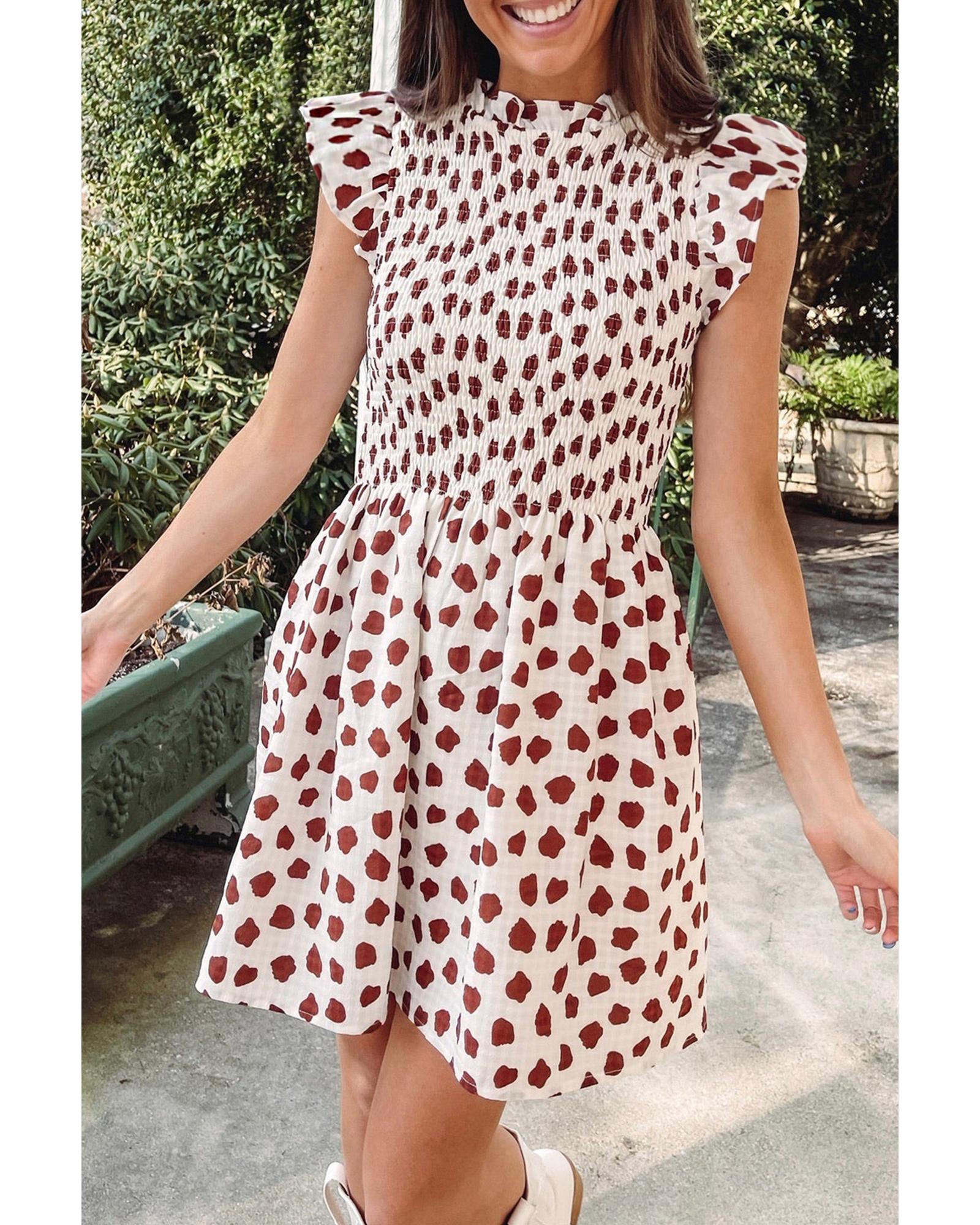 Brown Abstract Printed Flutter Sleeve Smocked Bodice Short Dress - L