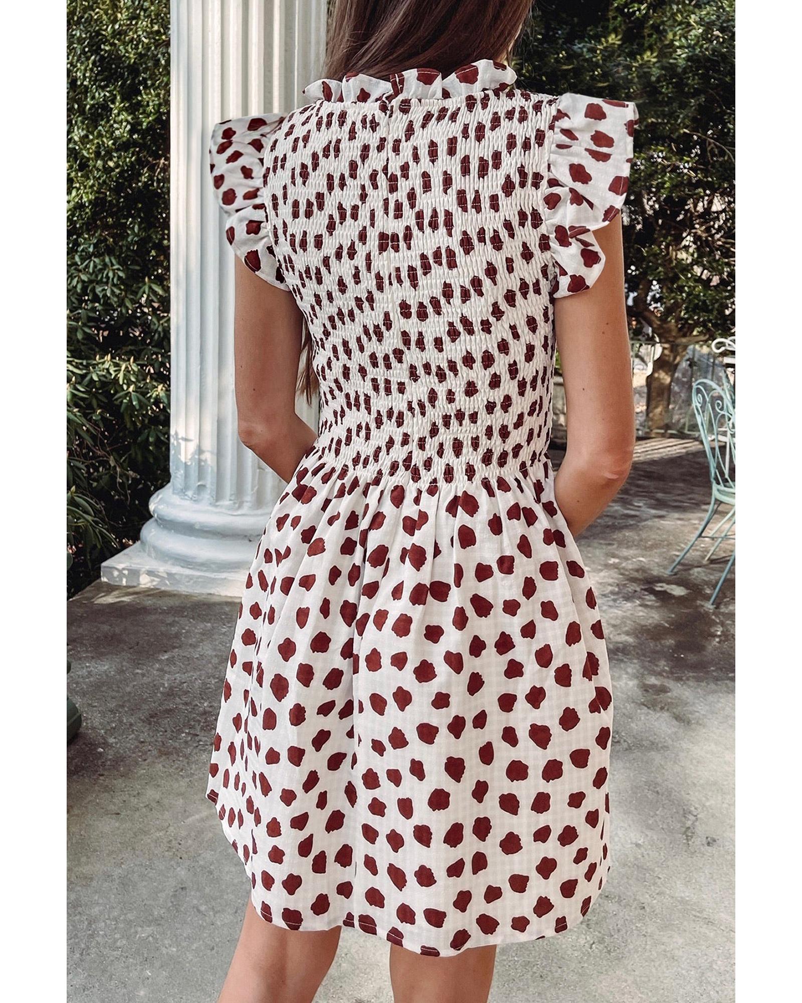 Brown Abstract Printed Flutter Sleeve Smocked Bodice Short Dress - S