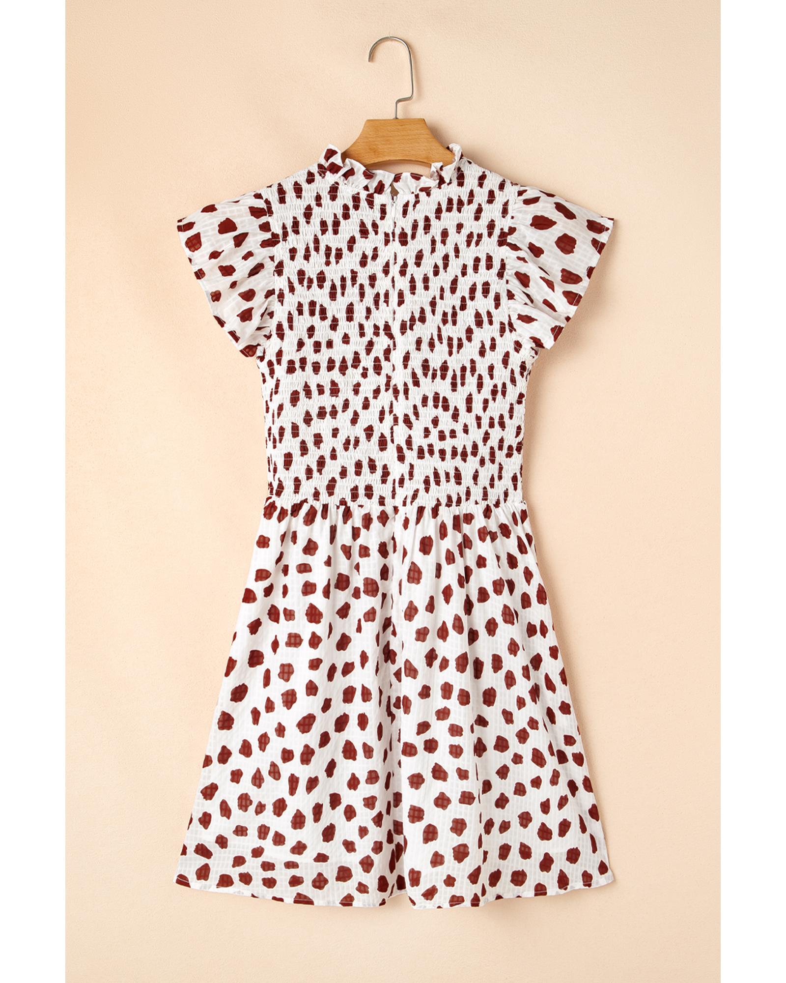 Brown Abstract Printed Flutter Sleeve Smocked Bodice Short Dress - S
