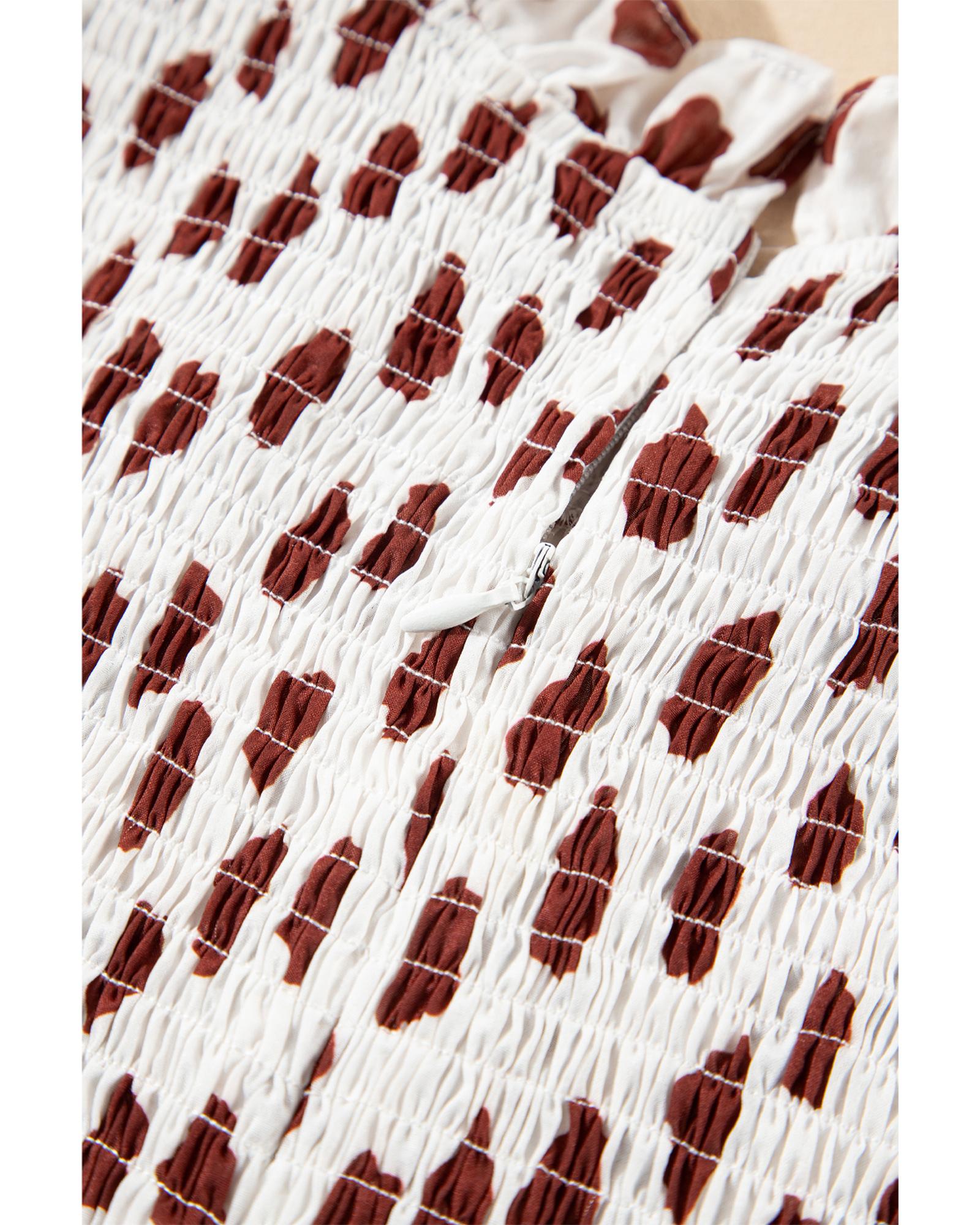 Brown Abstract Printed Flutter Sleeve Smocked Bodice Short Dress - S