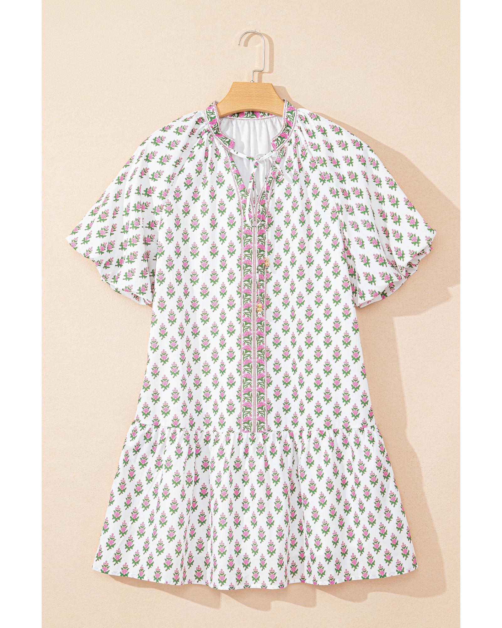 Pink Floral Print Bubble Sleeve Neck Tie Ruffled Dress - L