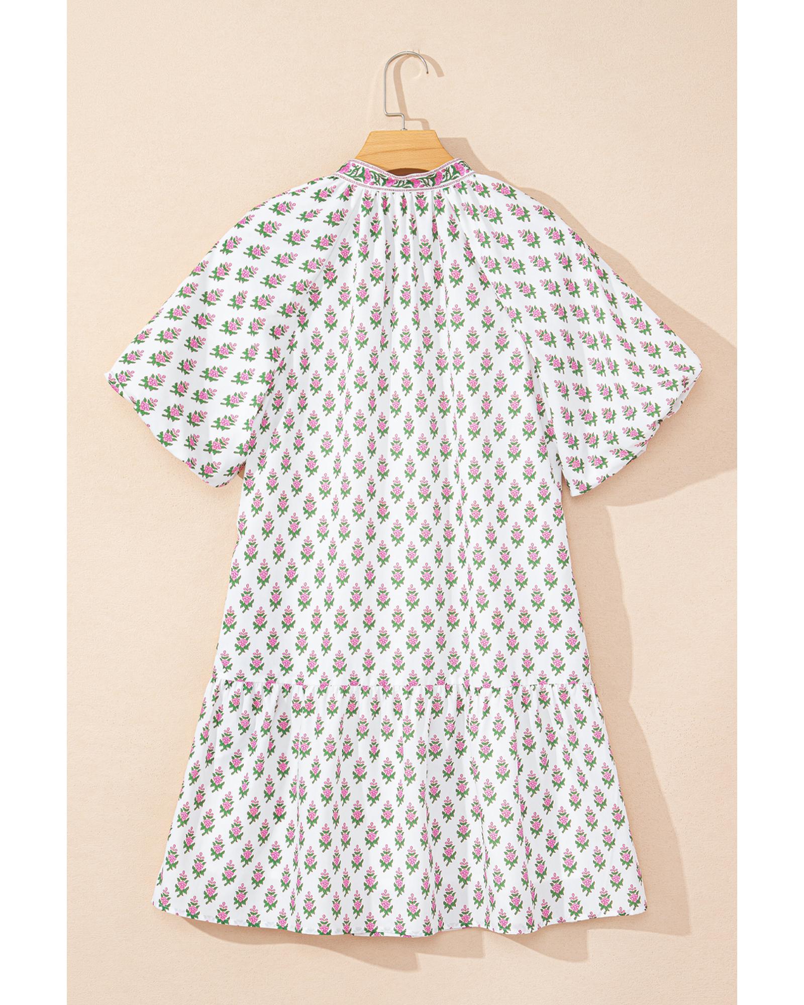 Pink Floral Print Bubble Sleeve Neck Tie Ruffled Dress - L