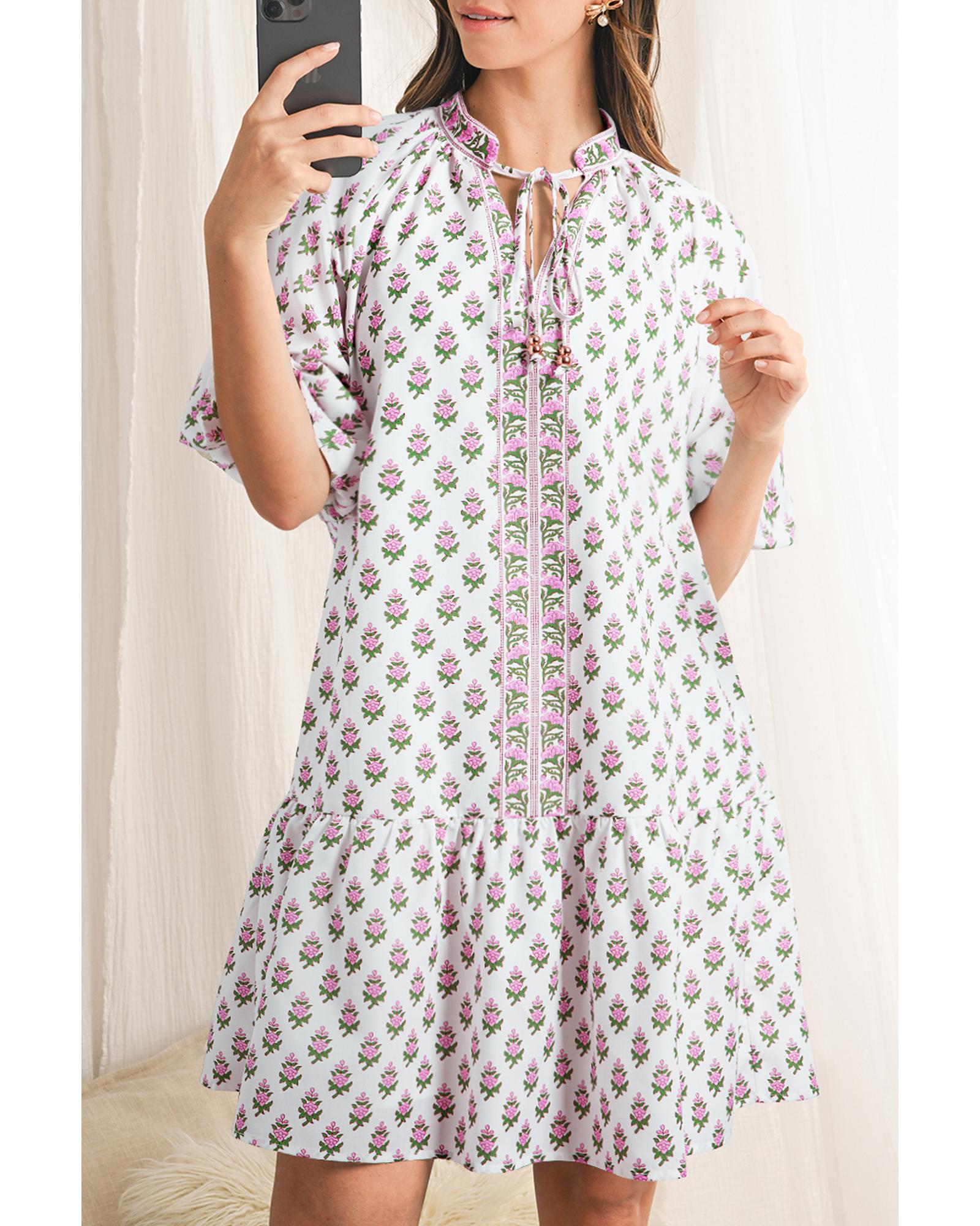 Pink Floral Print Bubble Sleeve Neck Tie Ruffled Dress - M