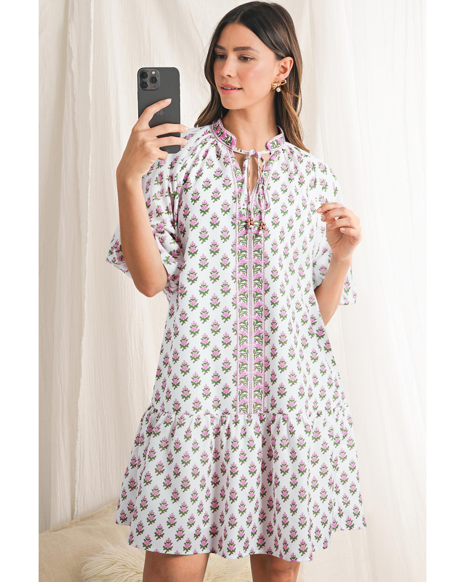 Pink Floral Print Bubble Sleeve Neck Tie Ruffled Dress - M