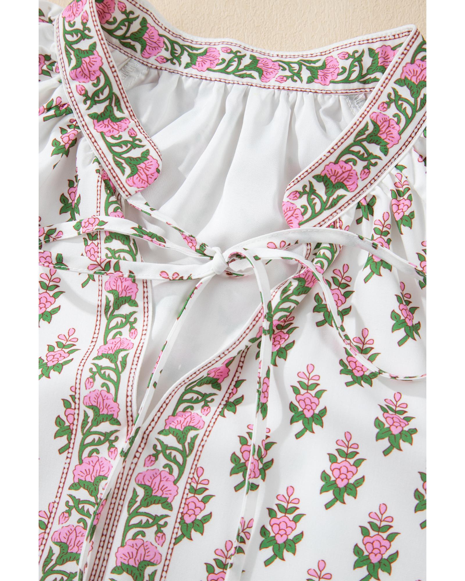 Pink Floral Print Bubble Sleeve Neck Tie Ruffled Dress - M
