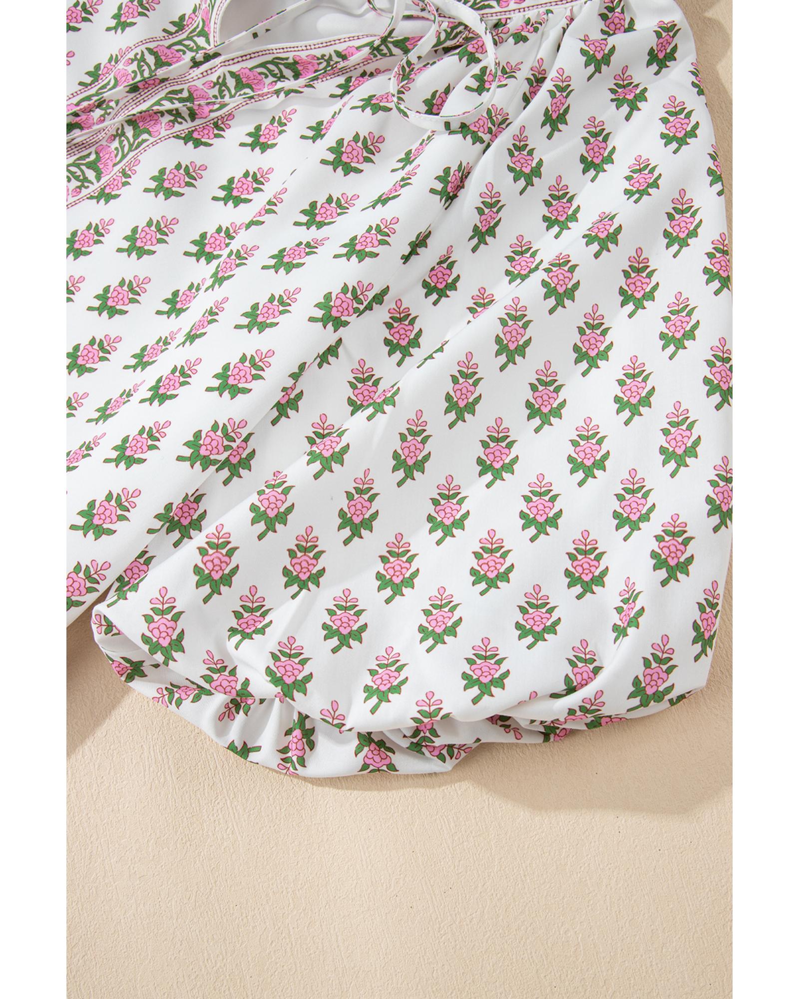 Pink Floral Print Bubble Sleeve Neck Tie Ruffled Dress - M