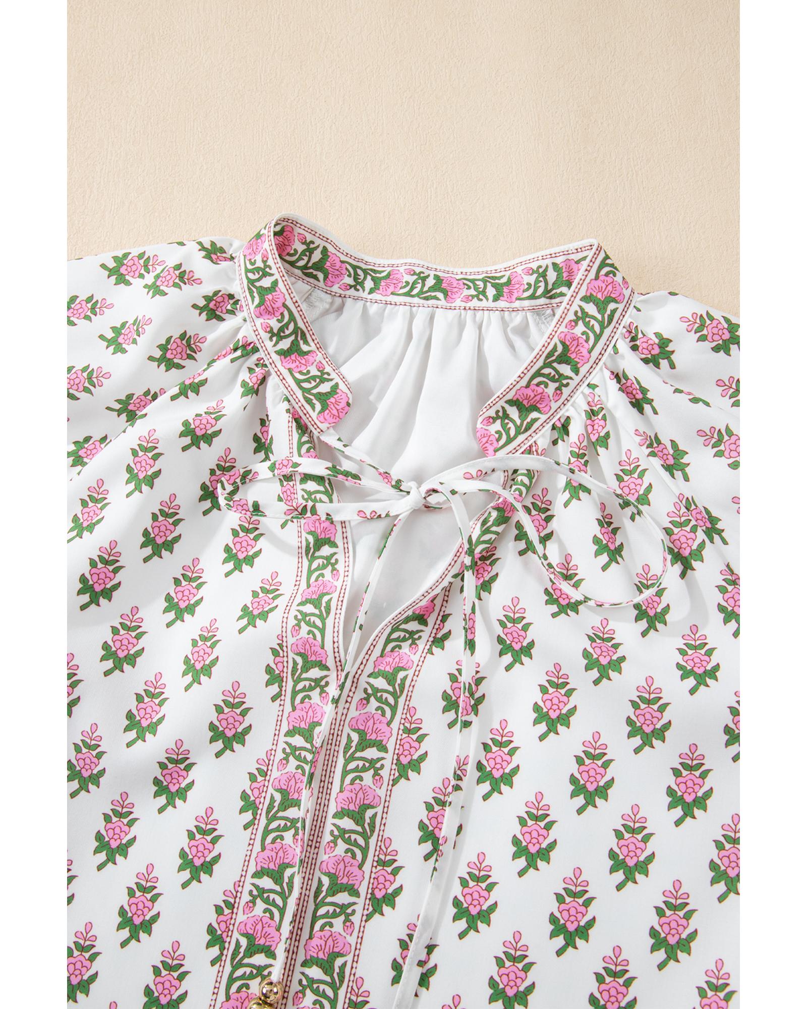 Pink Floral Print Bubble Sleeve Neck Tie Ruffled Dress - S