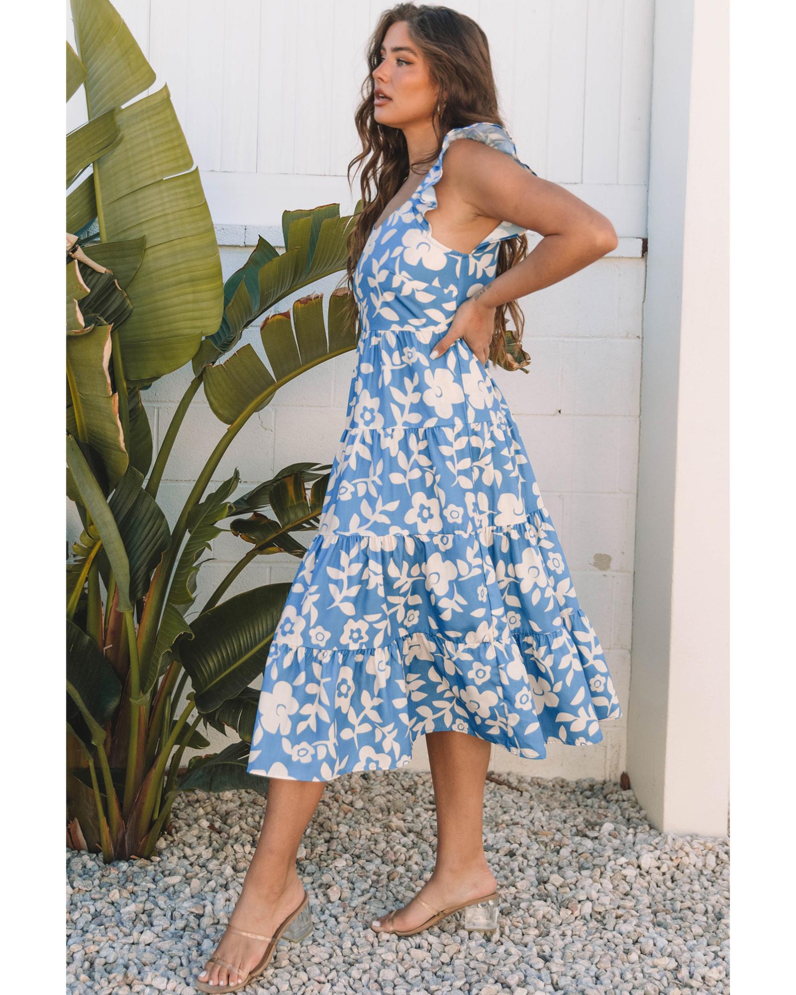 Sky Blue Floral U Neck Flutter Shoulder Tiered Flowy Midi Dress - M