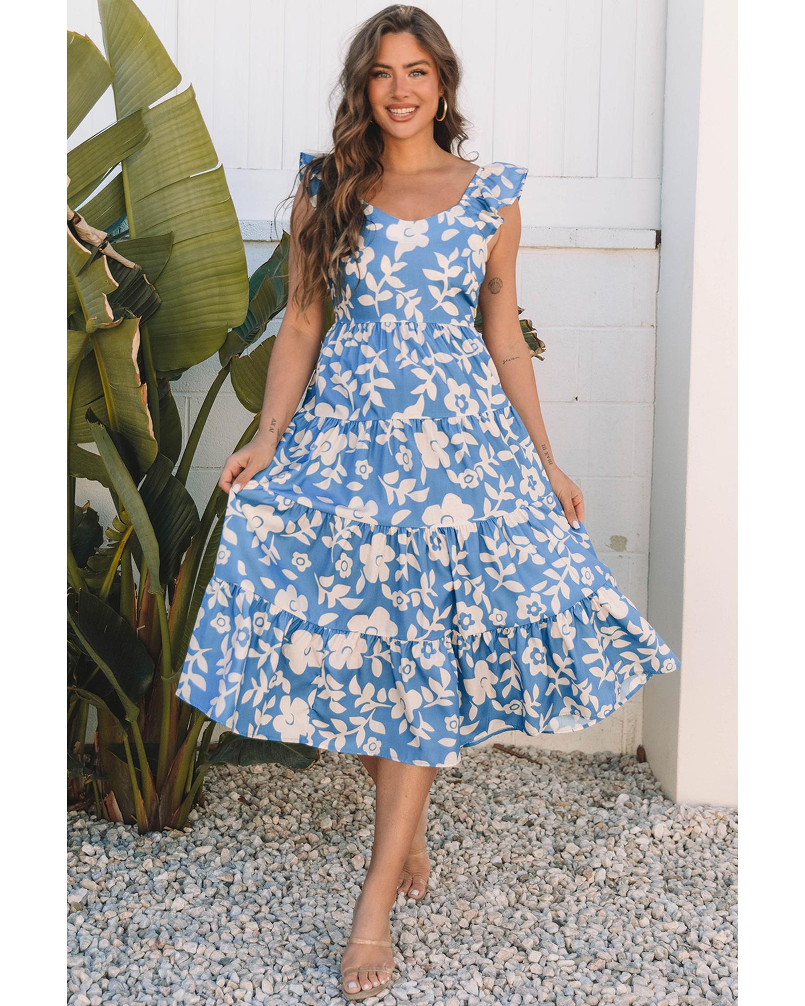 Sky Blue Floral U Neck Flutter Shoulder Tiered Flowy Midi Dress - M