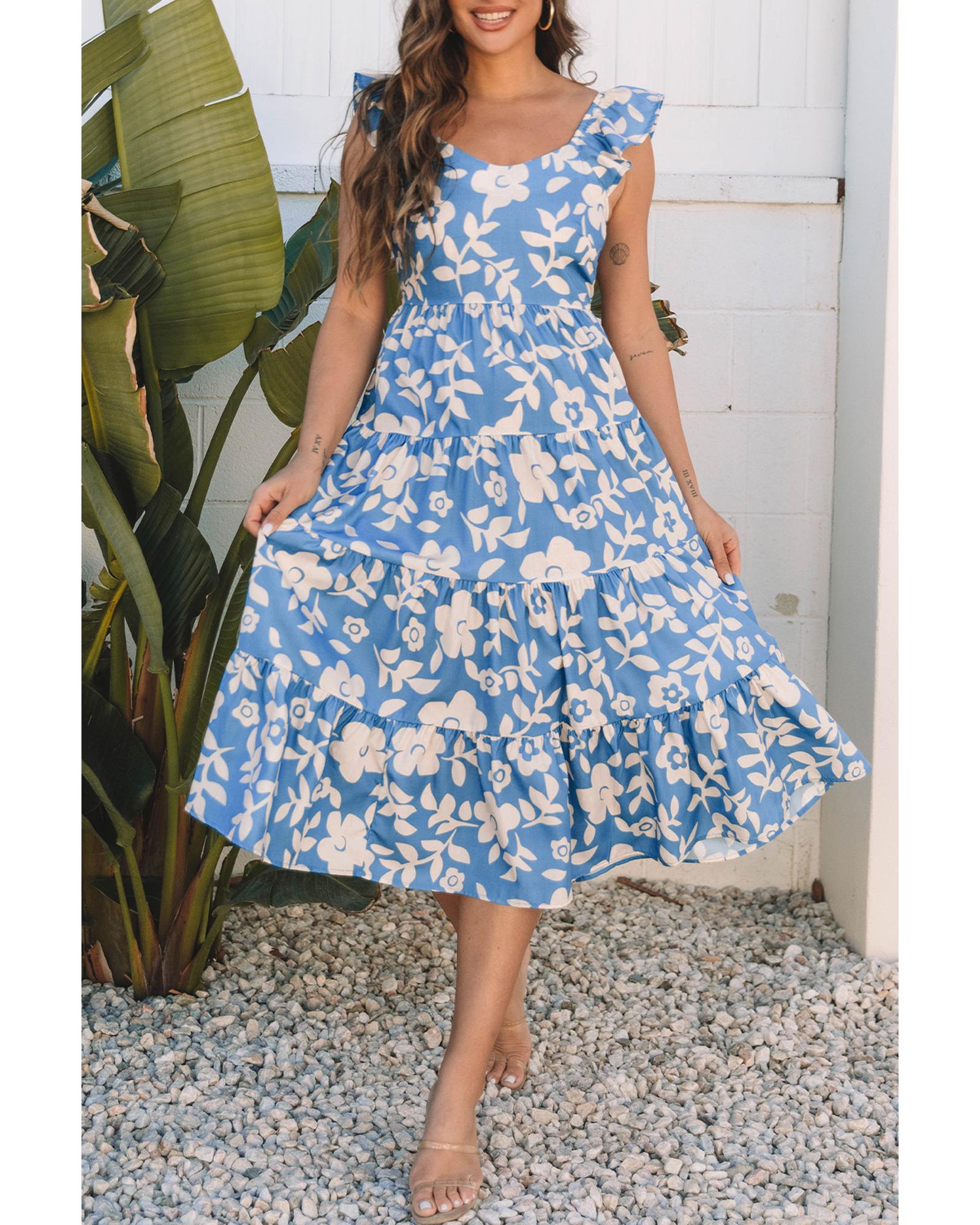 Sky Blue Floral U Neck Flutter Shoulder Tiered Flowy Midi Dress - M
