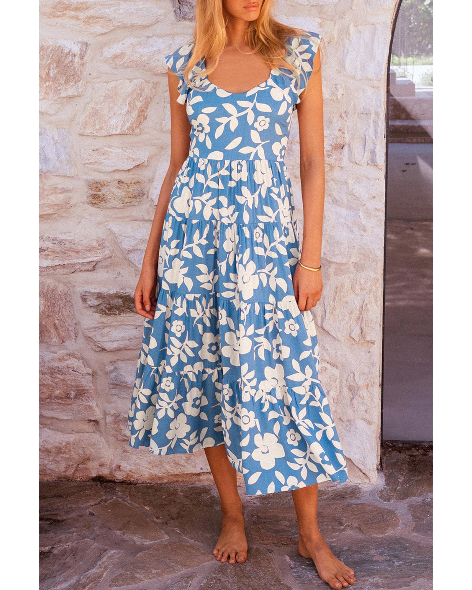 Sky Blue Floral U Neck Flutter Shoulder Tiered Flowy Midi Dress - M