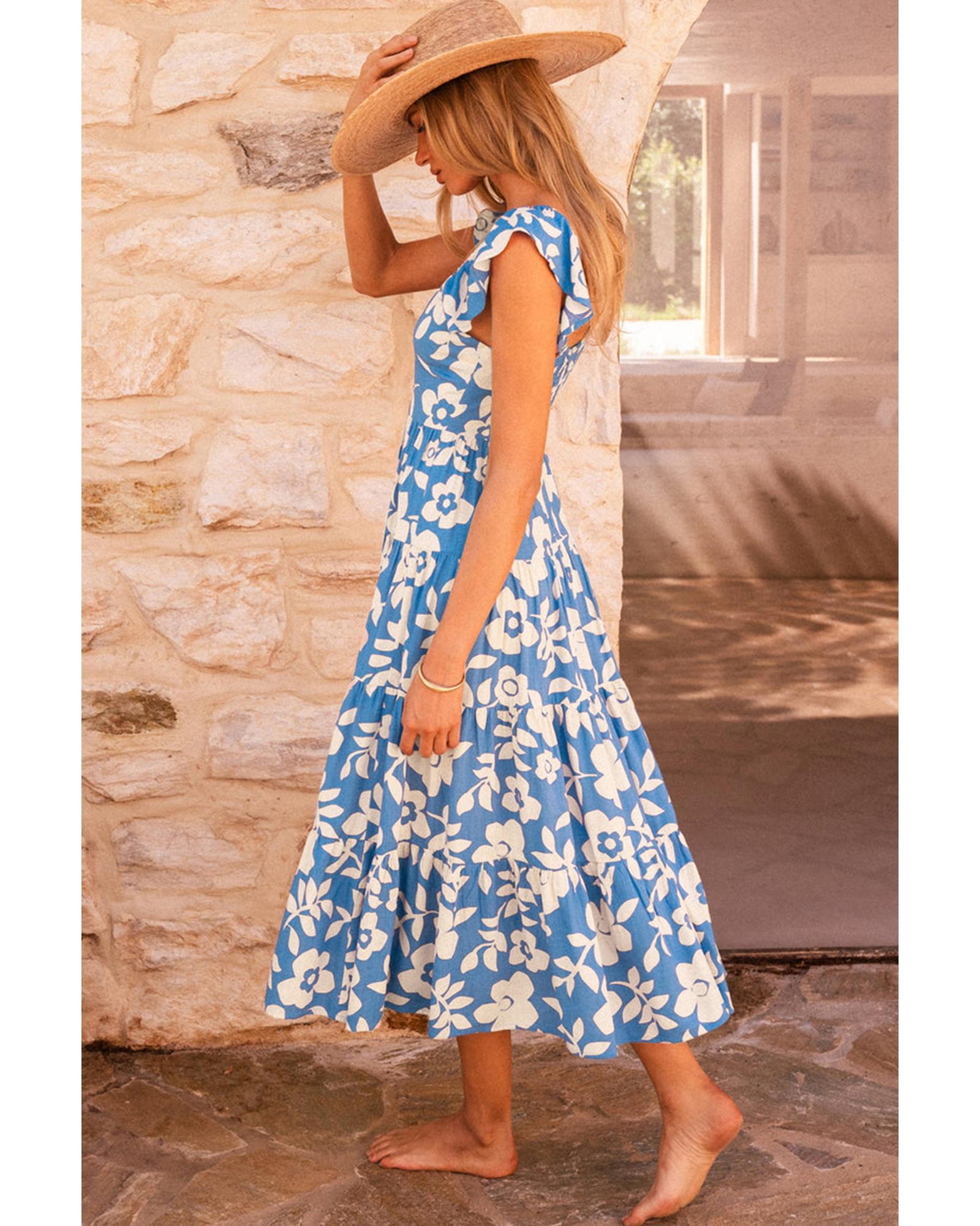 Sky Blue Floral U Neck Flutter Shoulder Tiered Flowy Midi Dress - M