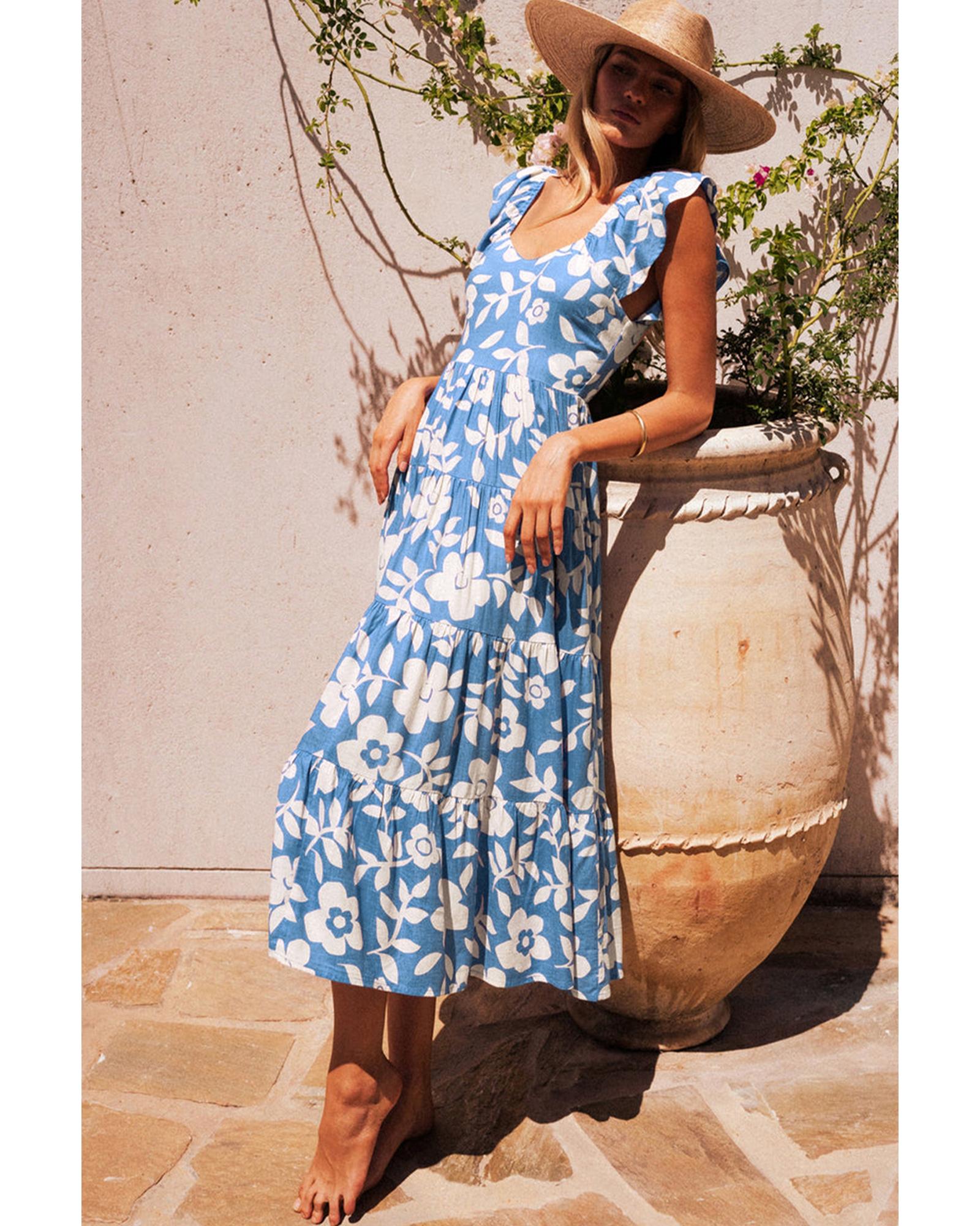 Sky Blue Floral U Neck Flutter Shoulder Tiered Flowy Midi Dress - M