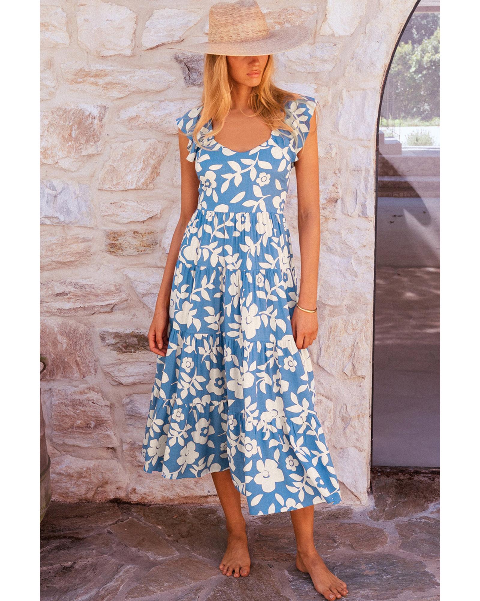 Sky Blue Floral U Neck Flutter Shoulder Tiered Flowy Midi Dress - M