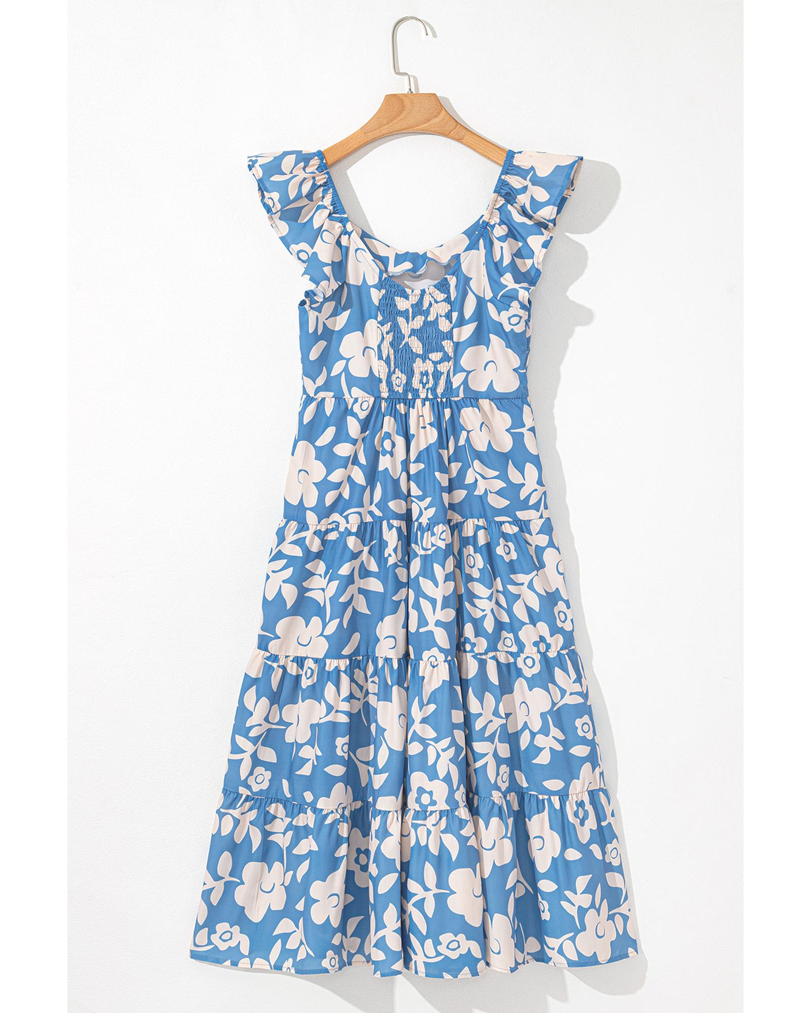 Sky Blue Floral U Neck Flutter Shoulder Tiered Flowy Midi Dress - M