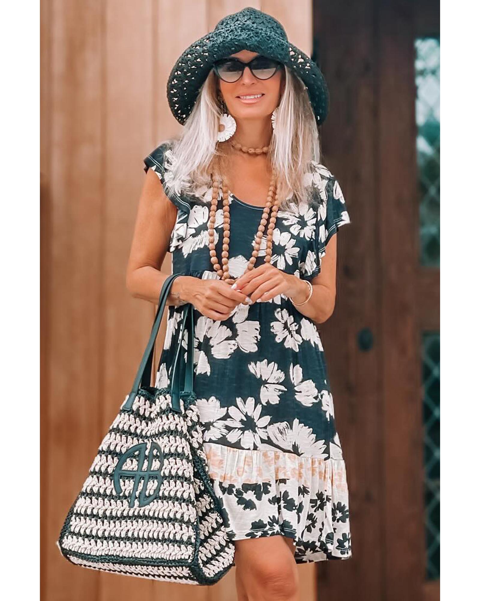 Floral Print Ruffle Sleeve Empire Waist Mini Dress - L
