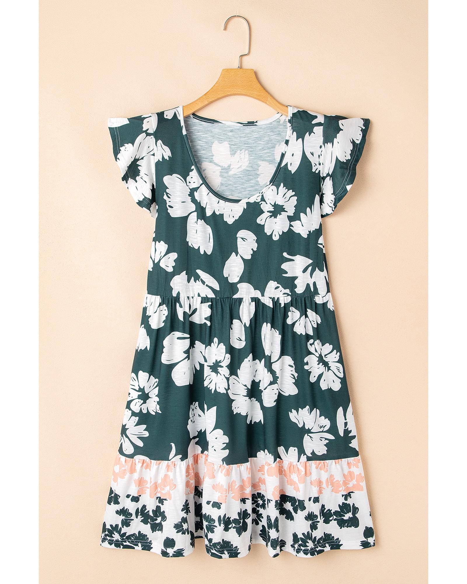 Floral Print Ruffle Sleeve Empire Waist Mini Dress - L