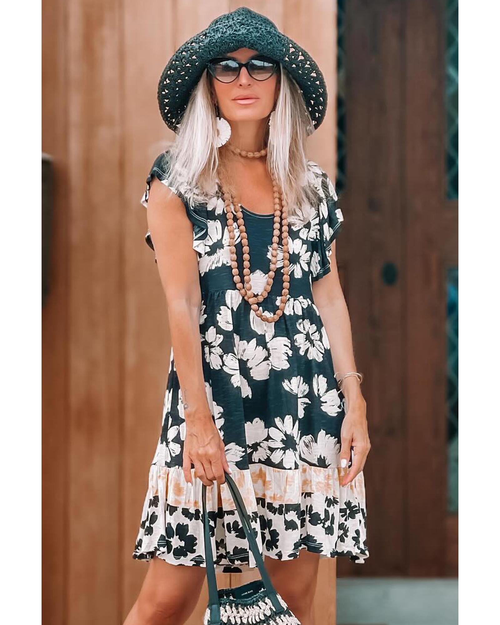Floral Print Ruffle Sleeve Empire Waist Mini Dress - S