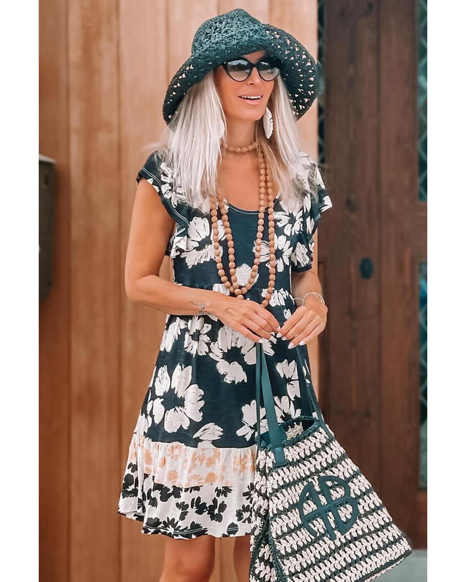 Floral Print Ruffle Sleeve Empire Waist Mini Dress - S