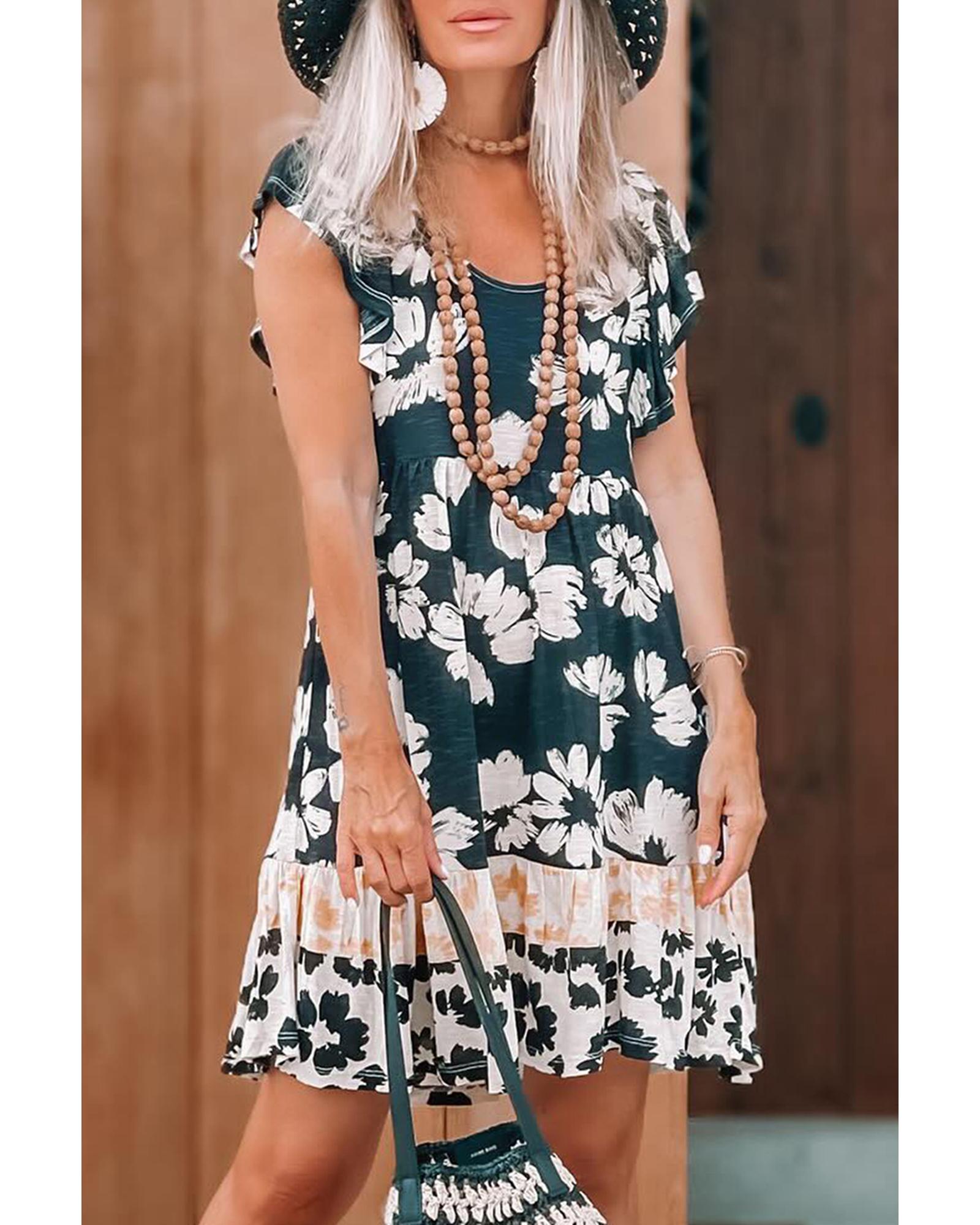 Floral Print Ruffle Sleeve Empire Waist Mini Dress - XL