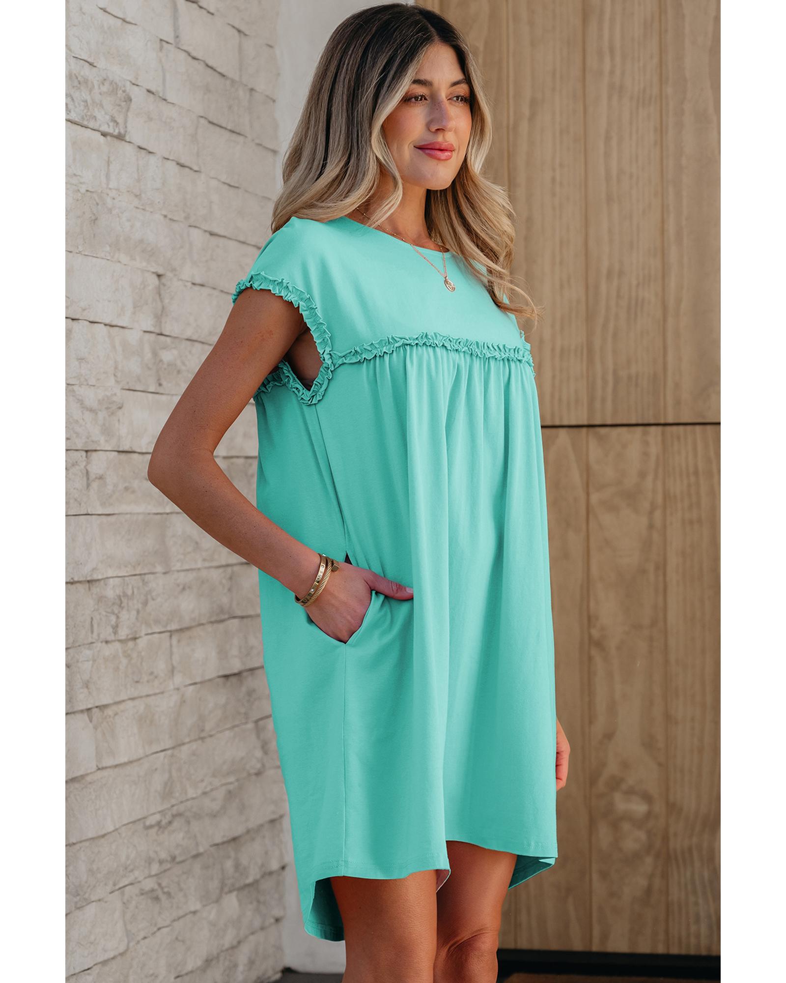 Mint Green Frilled Trim Crew Neck Loose Fit Mini Dress - L
