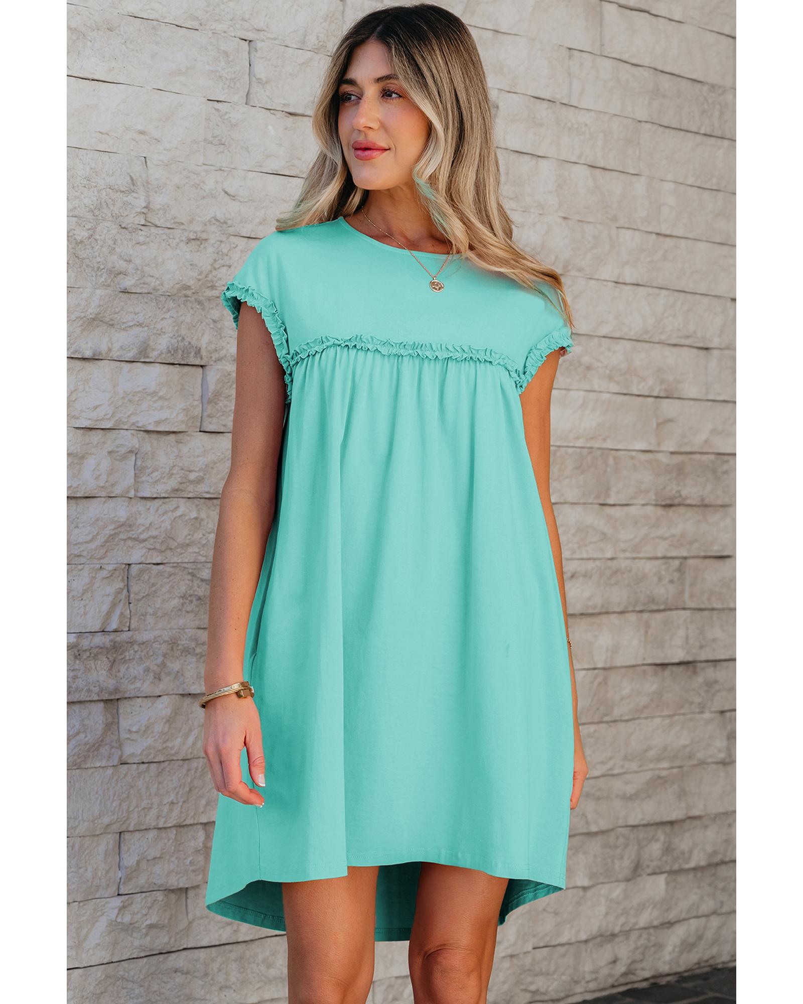 Mint Green Frilled Trim Crew Neck Loose Fit Mini Dress - M