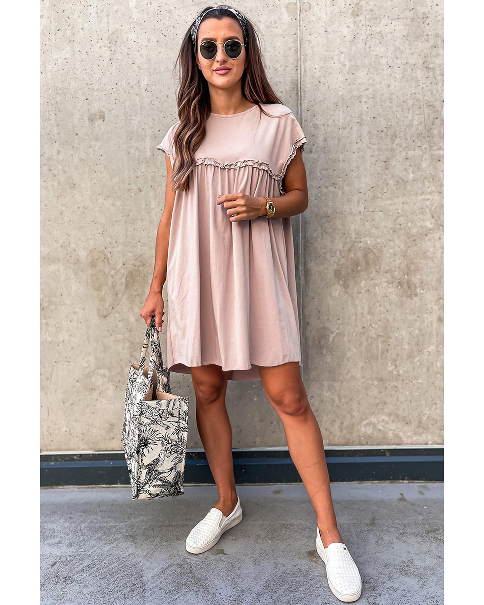 Oatmeal Frilled Trim Crew Neck Loose Fit Mini Dress - L
