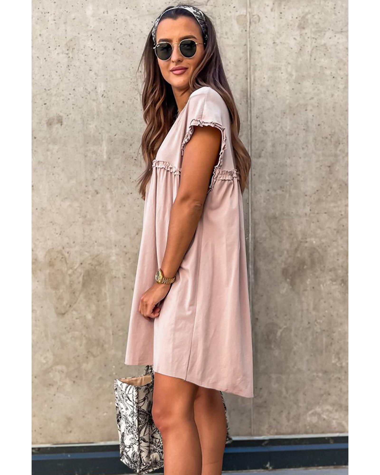 Oatmeal Frilled Trim Crew Neck Loose Fit Mini Dress - M