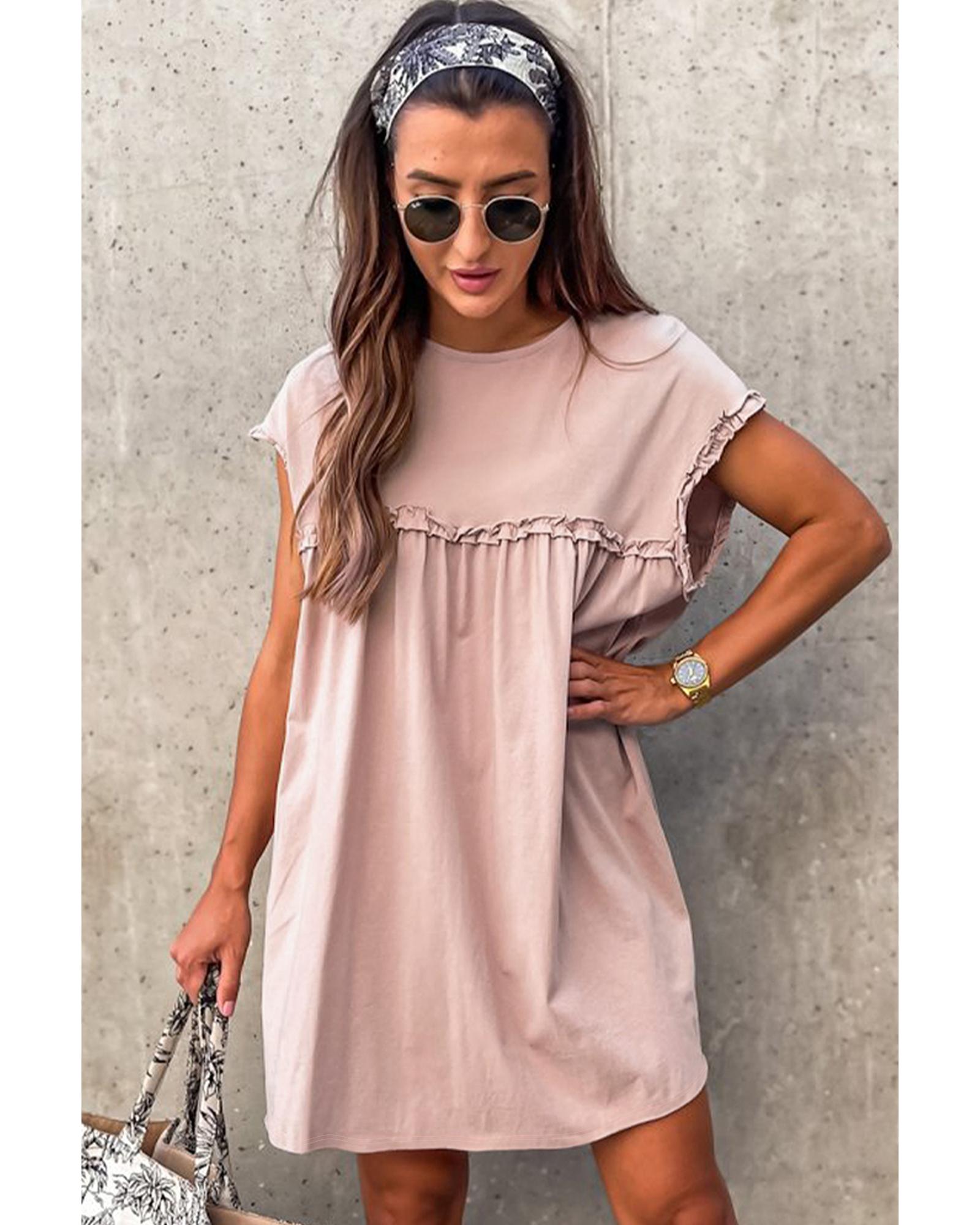 Oatmeal Frilled Trim Crew Neck Loose Fit Mini Dress - M