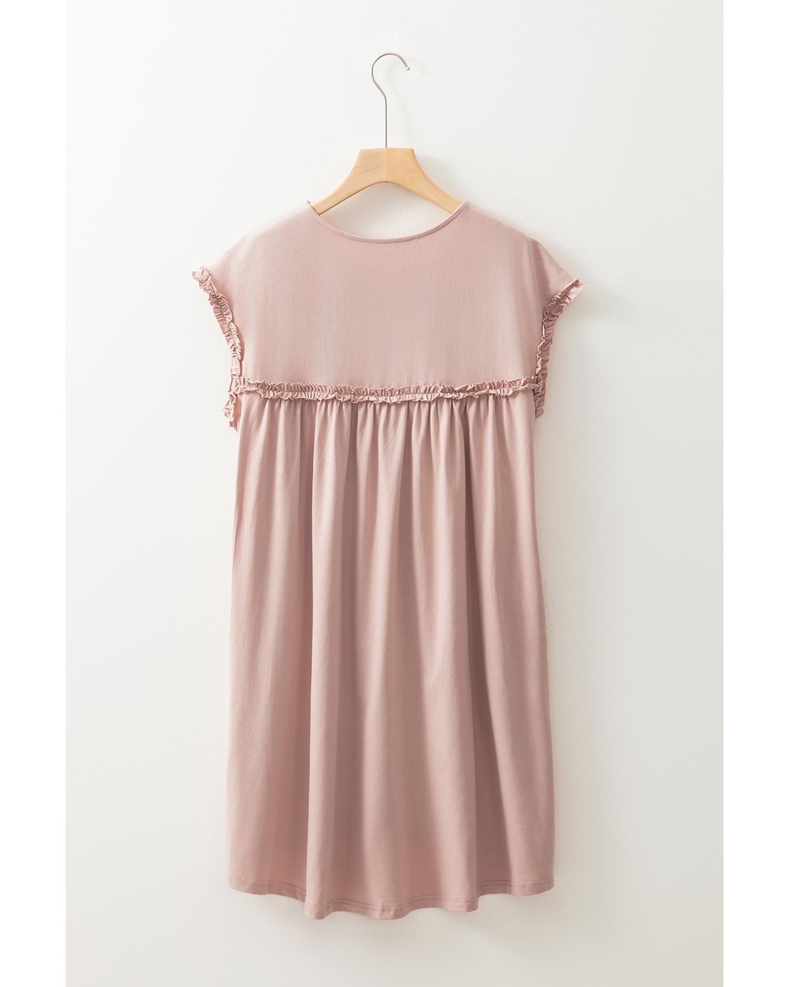 Oatmeal Frilled Trim Crew Neck Loose Fit Mini Dress - M